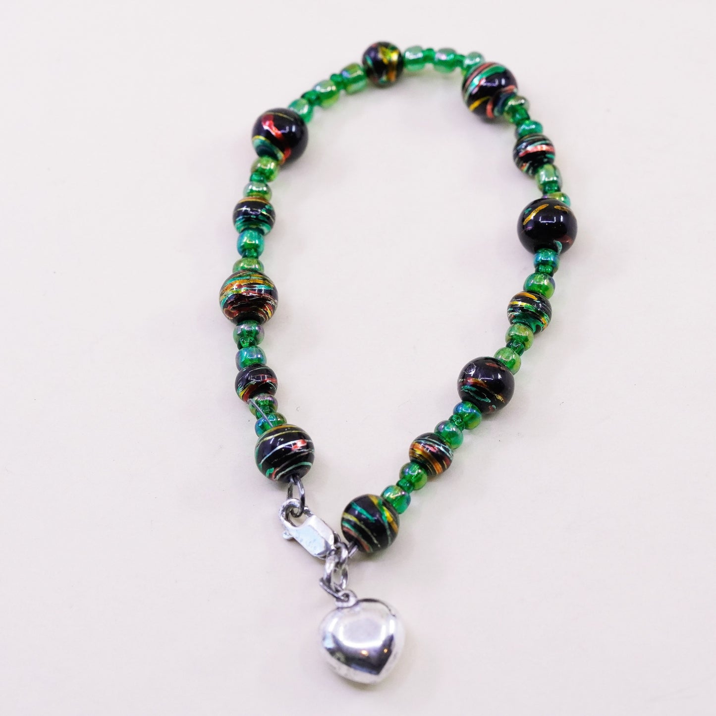 7.5”, Vintage handmade Sterling 925 silver bracelet with blue beads heart charm
