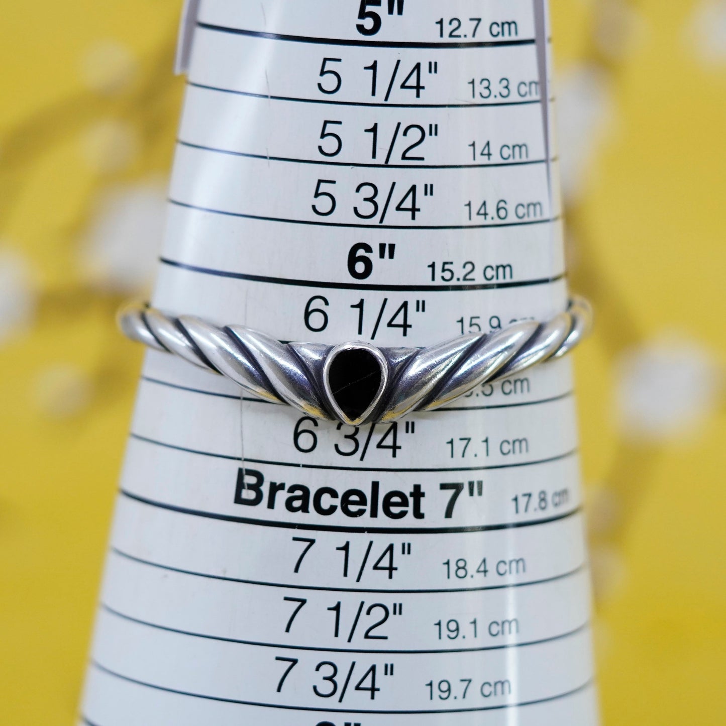 6.5”, Navajo Sterling 925 silver bracelet ribbed cuff with teardrop obsidian