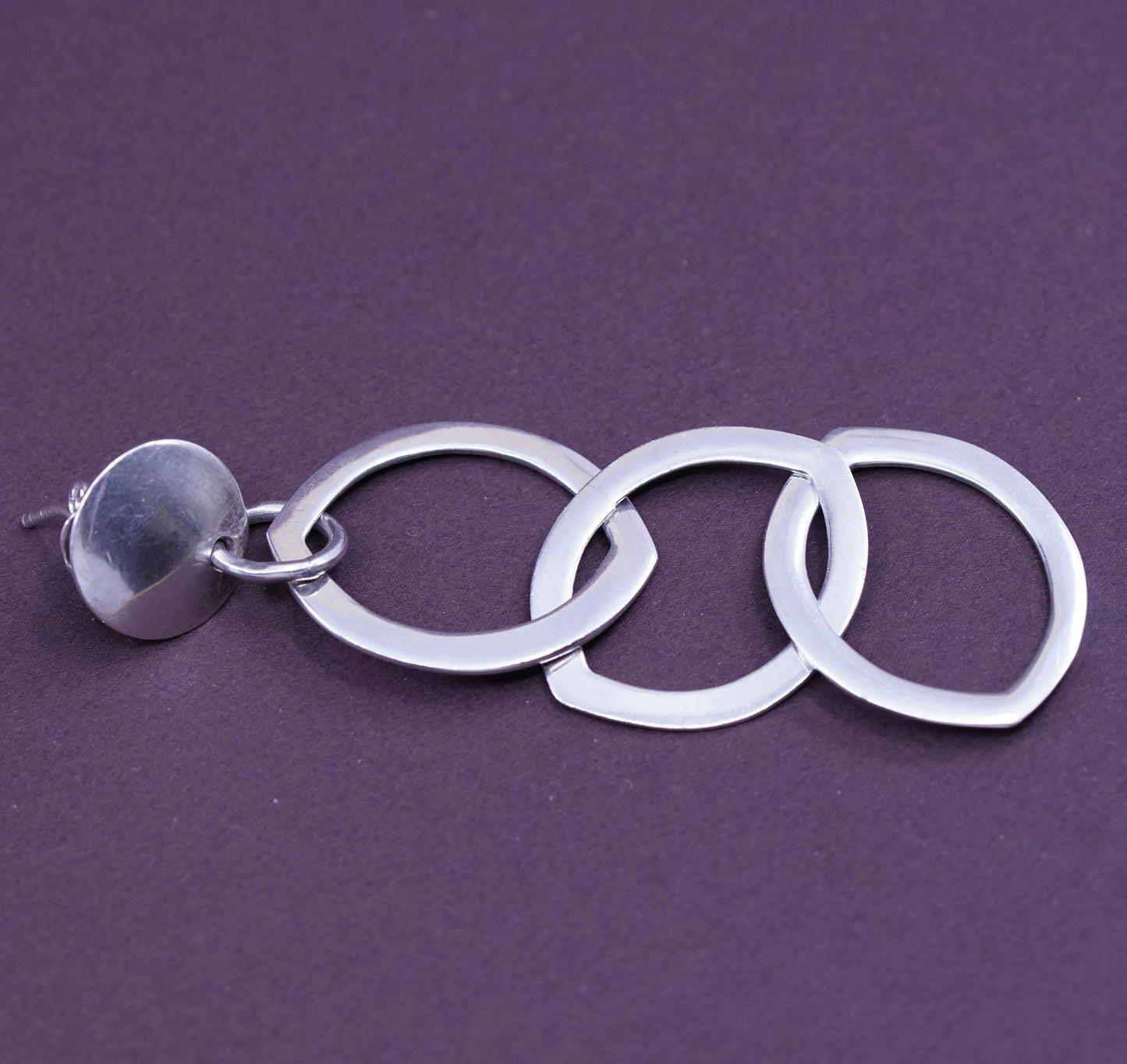 Vintage Sterling silver handmade earrings, Modern 925 flatten entwined circle