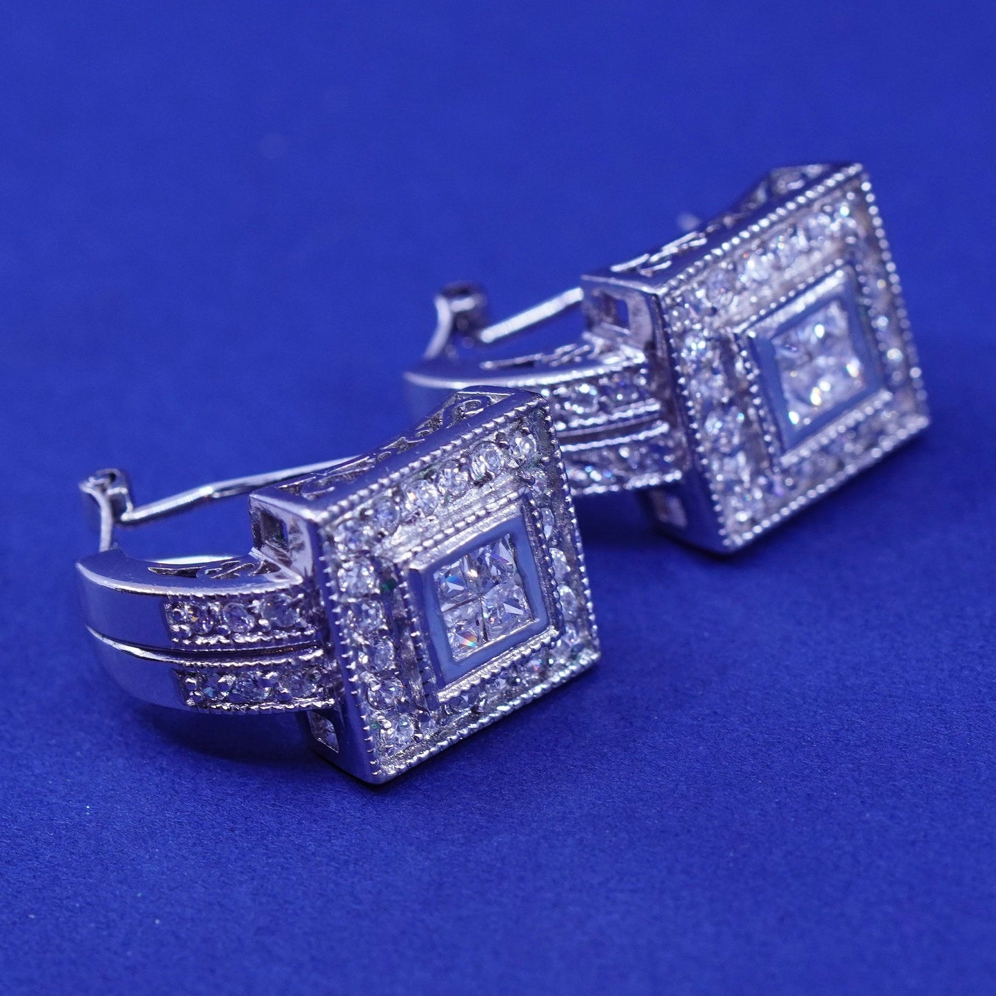 Vintage Sterling silver earrings, 925 circle with cluster cz