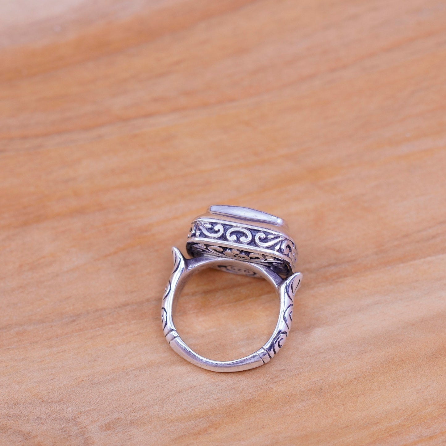 sz 5.75, AF Sterling silver handmade ring, textured 925 leafy band chrysoberyl