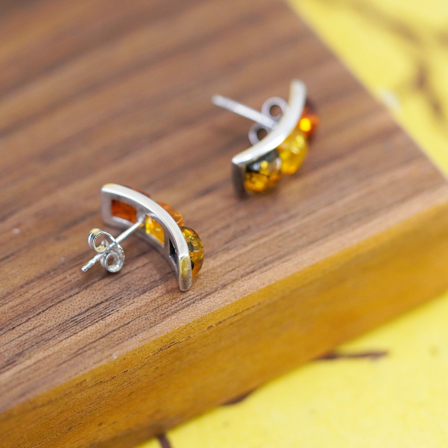 Vintage Sterling Silver Handmade earrings, 925 studs with amber, modernist