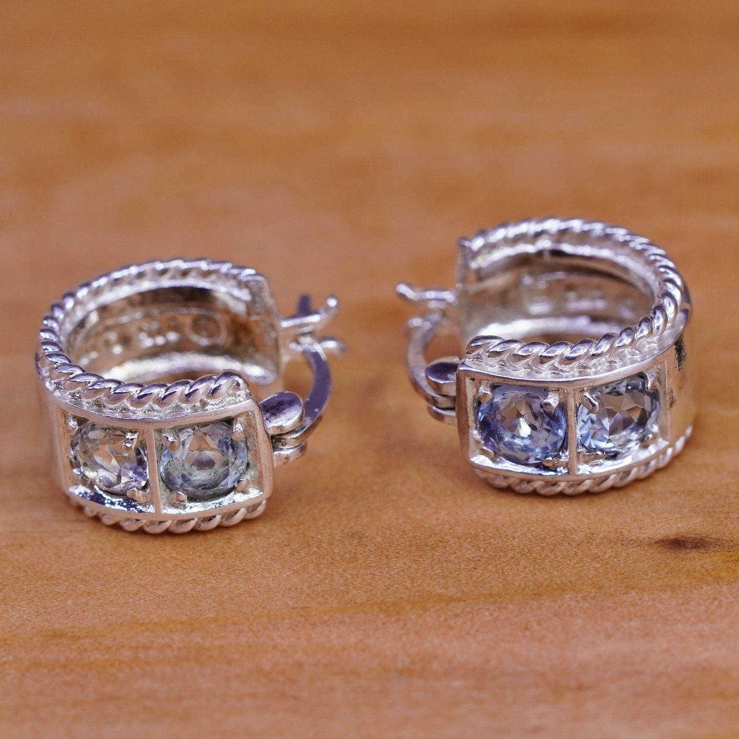 0.5”, vintage Sterling silver handmade earrings, 925 huggie hoops with topaz