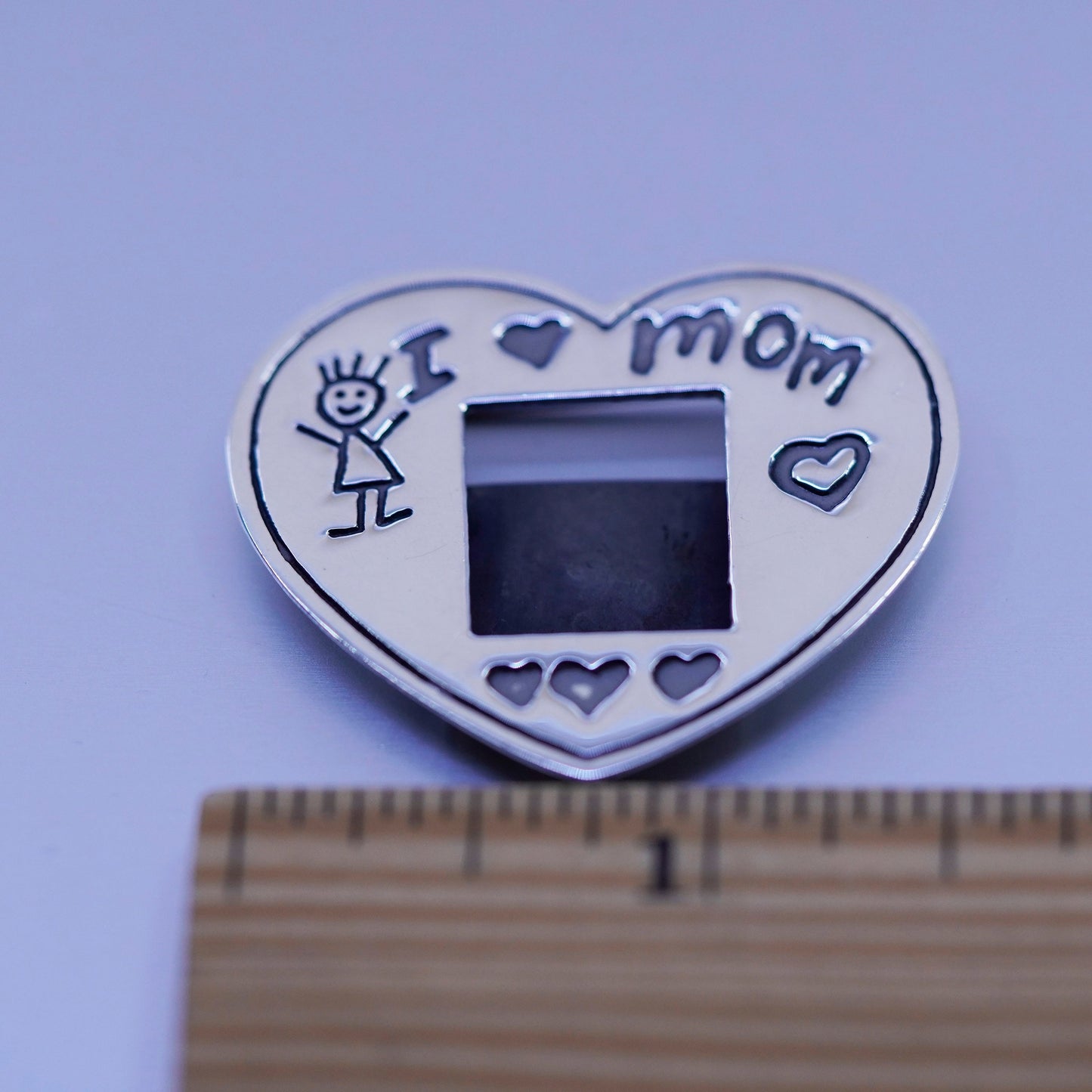 Vintage EFS sterling silver handmade brooch, 925 heart photo pin “I love mom