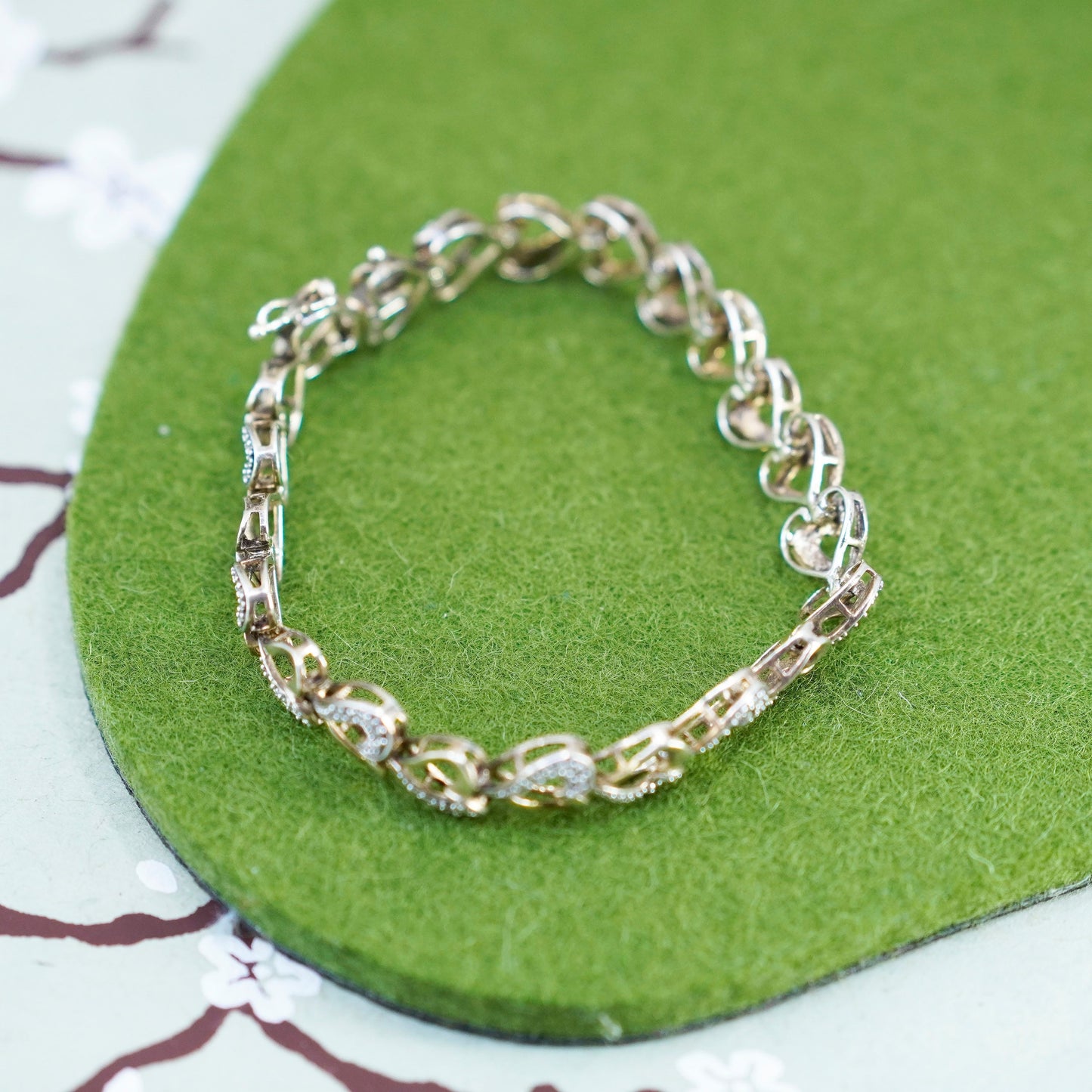7”, vermeil gold over sterling silver tennis bracelet, 925 heart chain diamond
