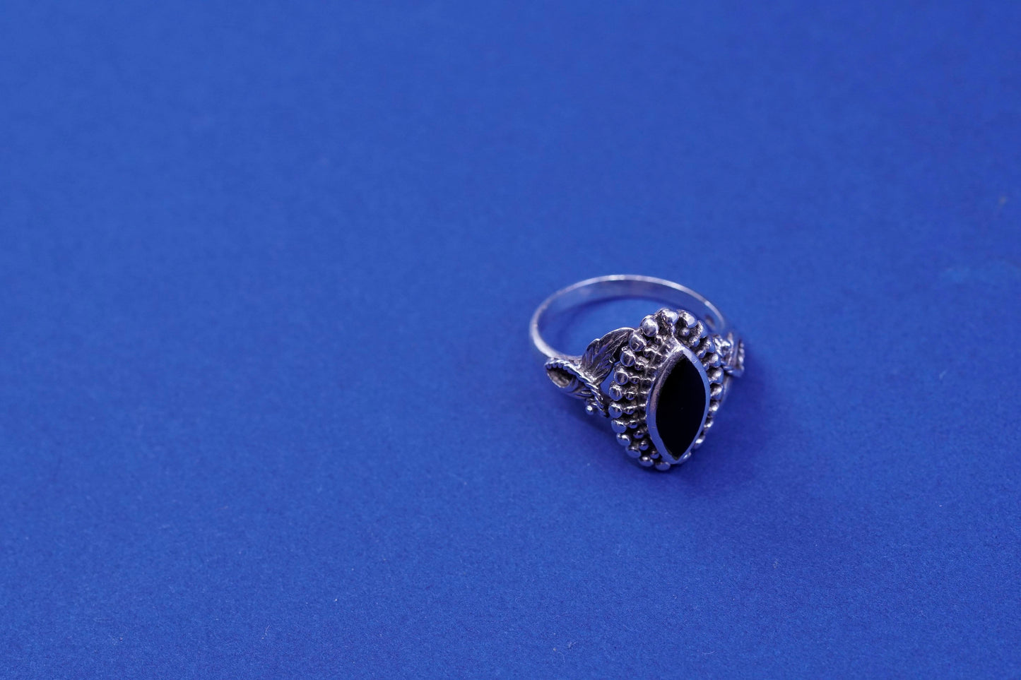 Size 7.25, vintage Sterling 925 silver handmade ring with onyx and beads