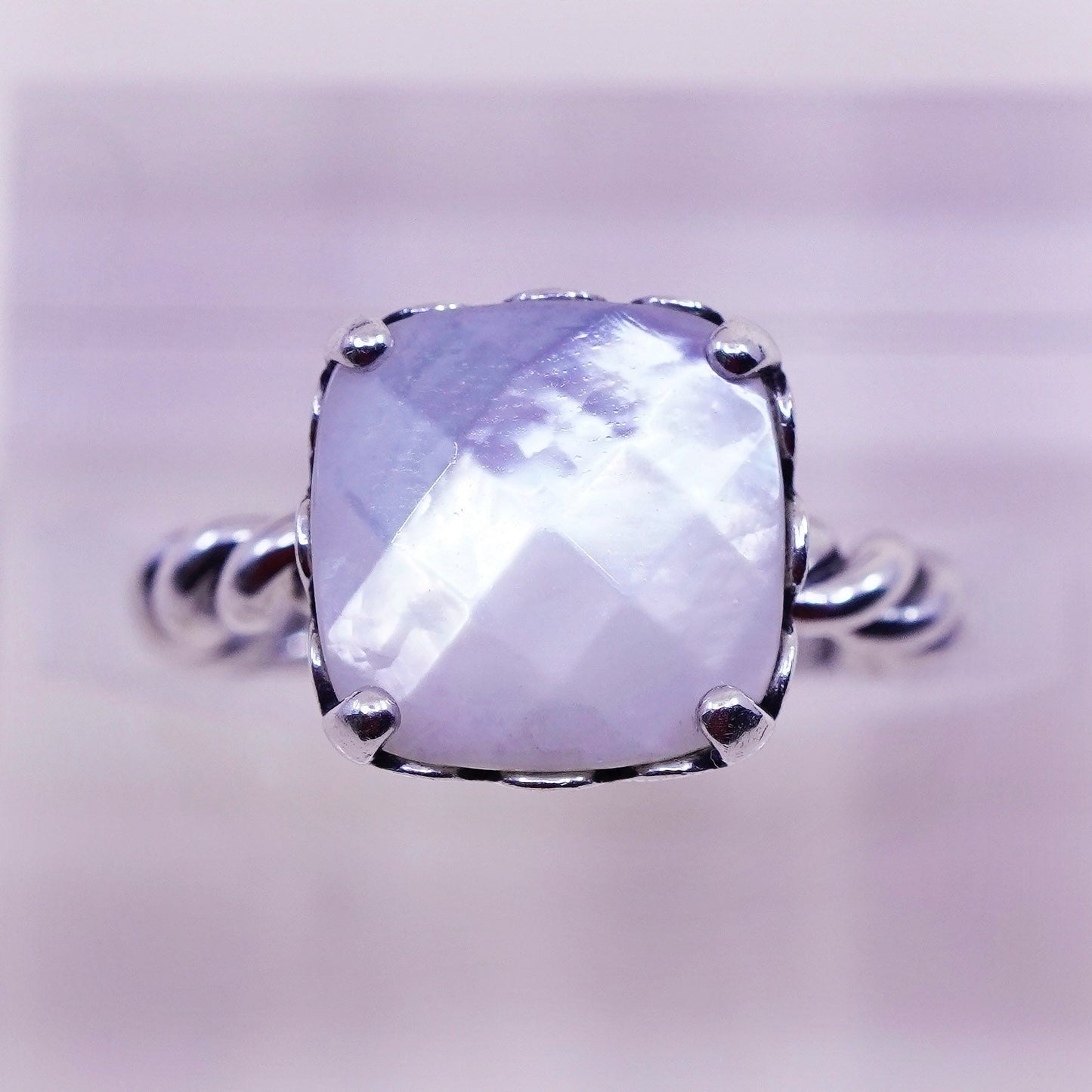 Size 6, ALE Sterling 925 silver ring with checker cut moonstone cable band