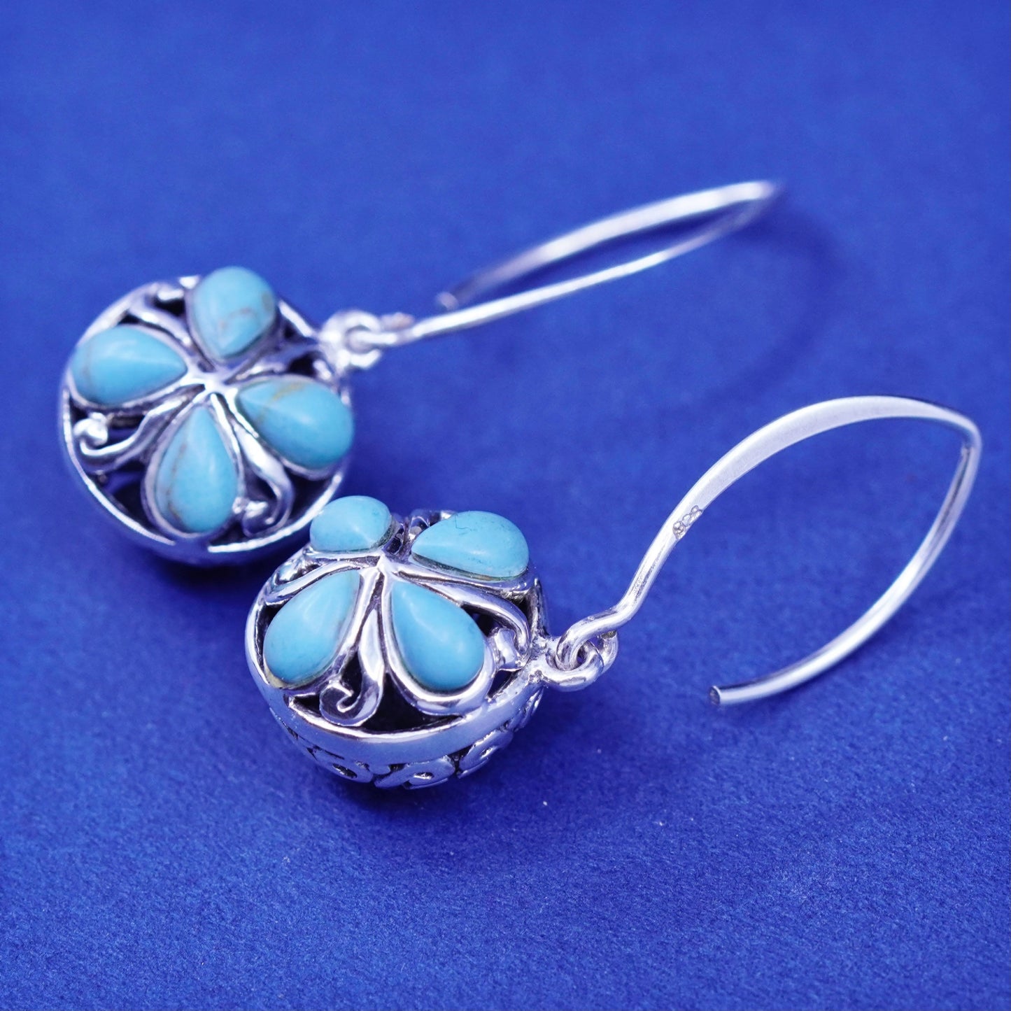 Vintage CFJ sterling 925 silver handmade filigree bead earrings with turquoise