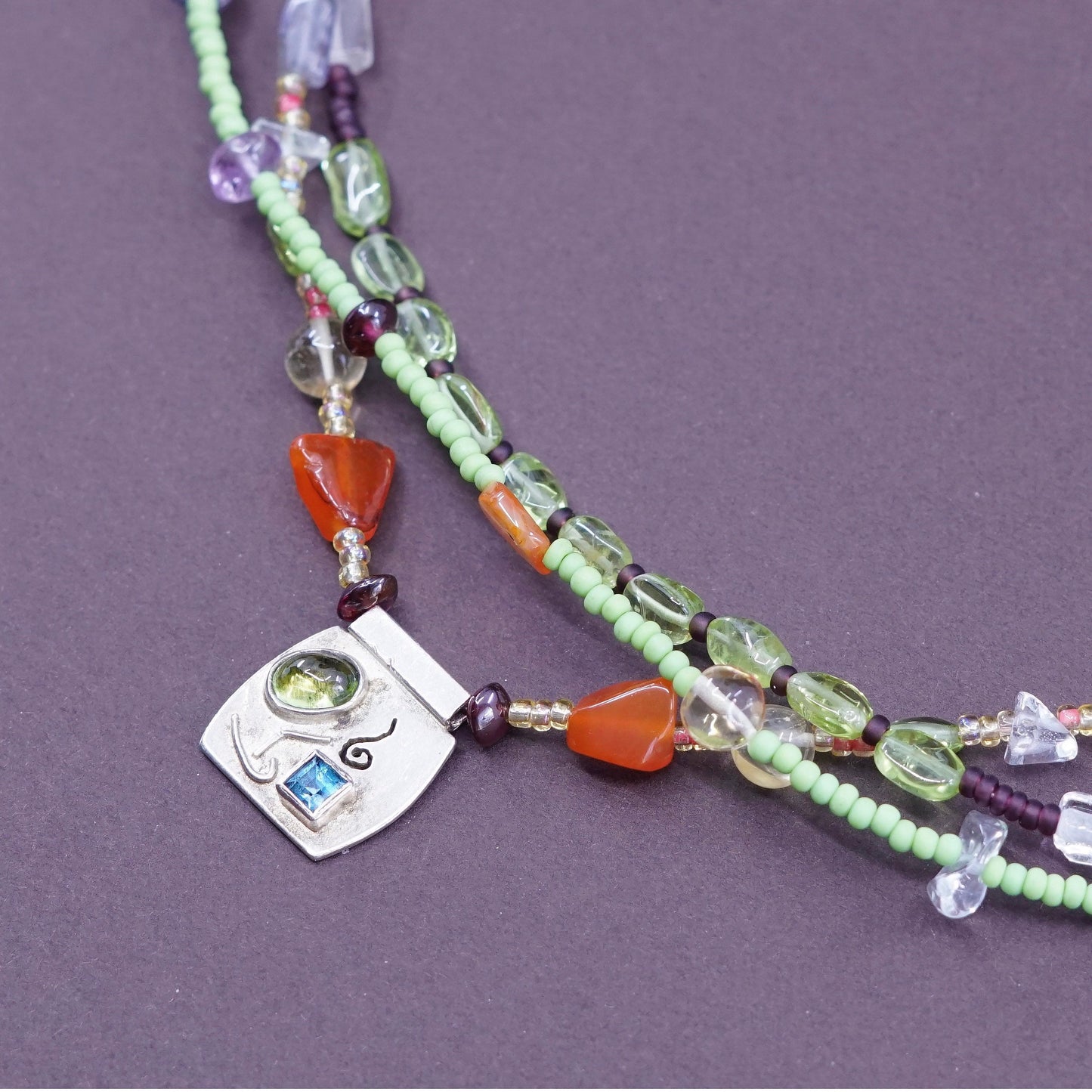 16”, Southwestern sterling 925 silver multi strands necklace carnelian amethyst