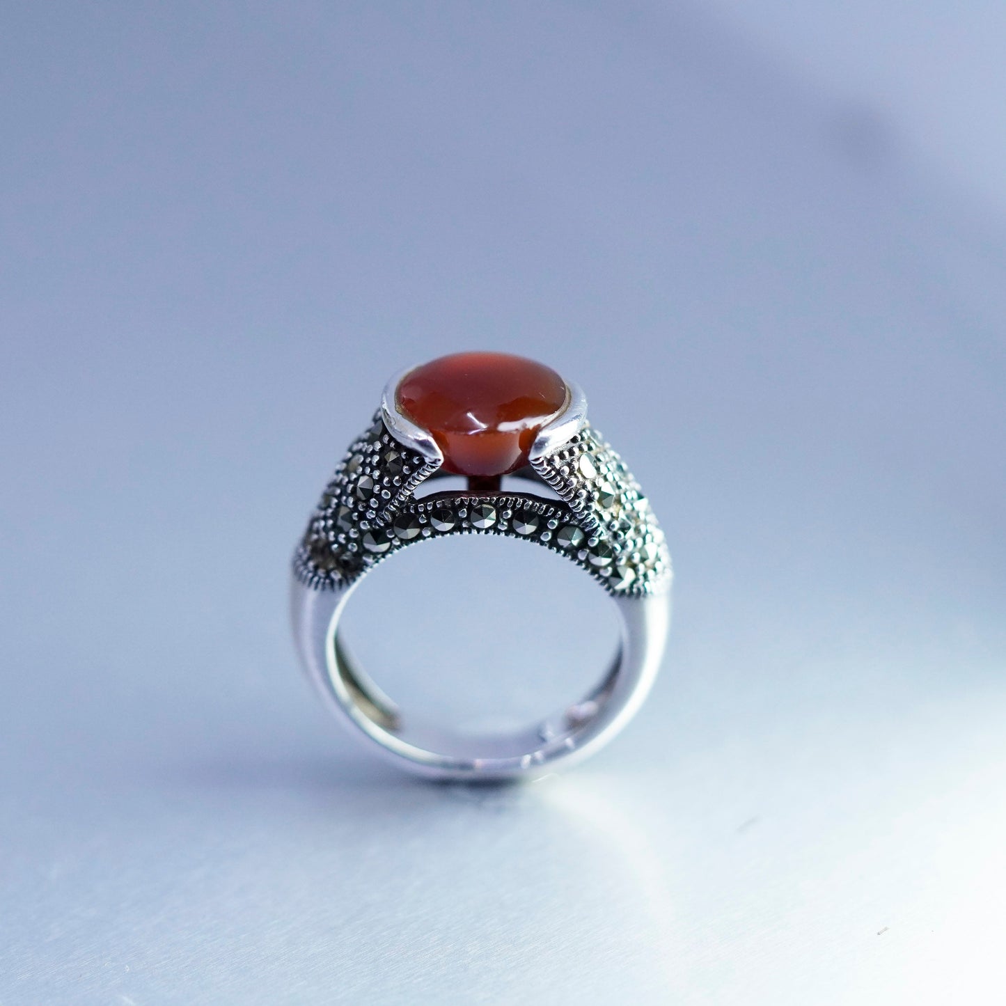 Size 8, southwestern Sterling 925 silver handmade ring band carnelian marcasite