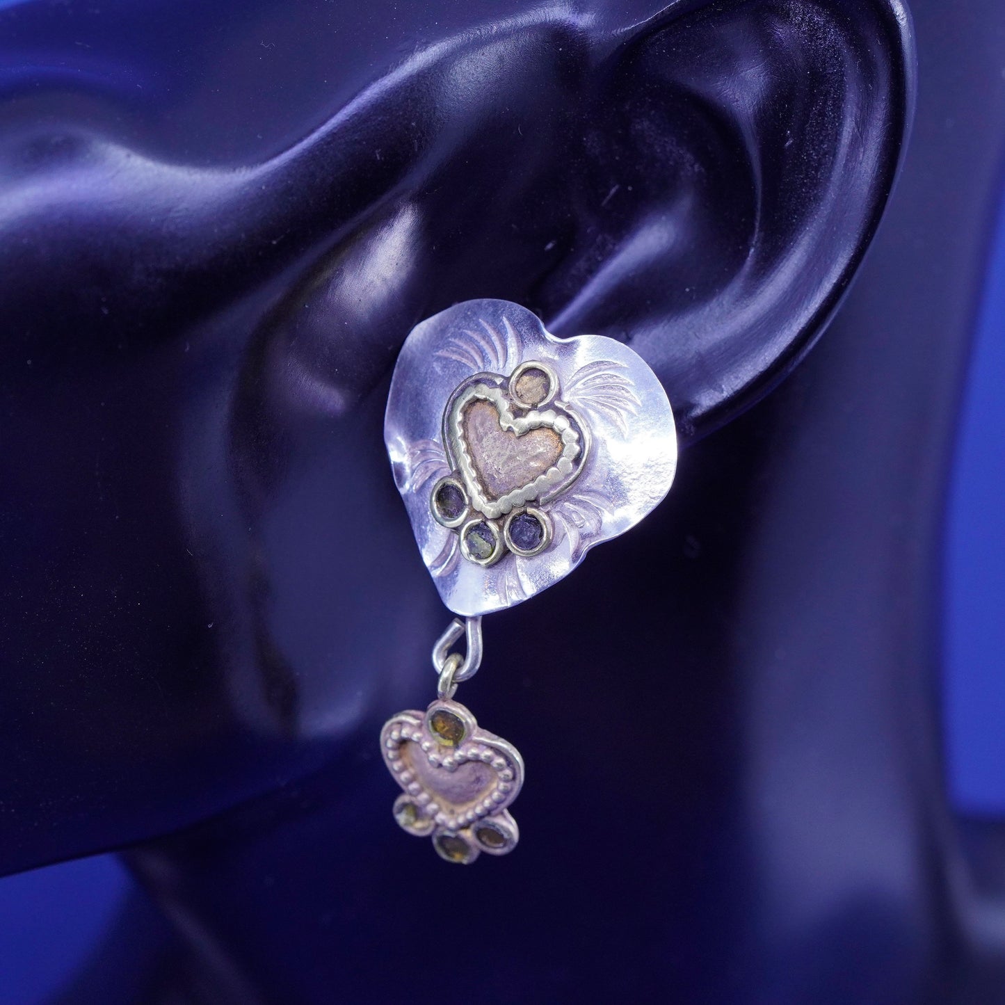 two tone Sterling silver handmade earrings, 925 heart studs brass trim dangle
