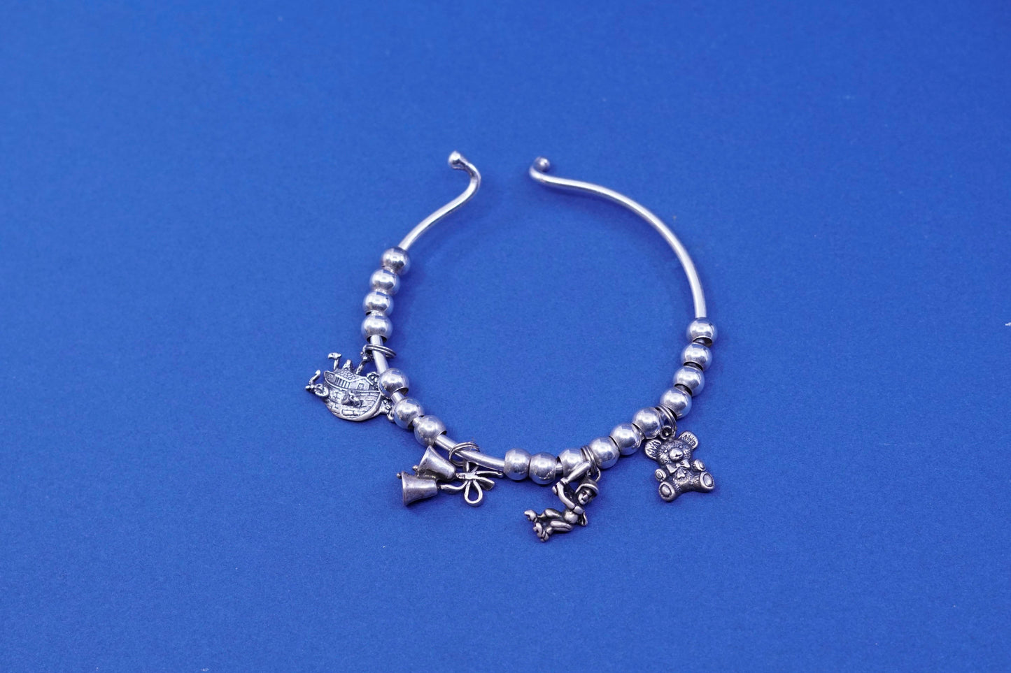 7”, southwestern Sterling silver bracelet, 925 beads bangle with Noah’s ark