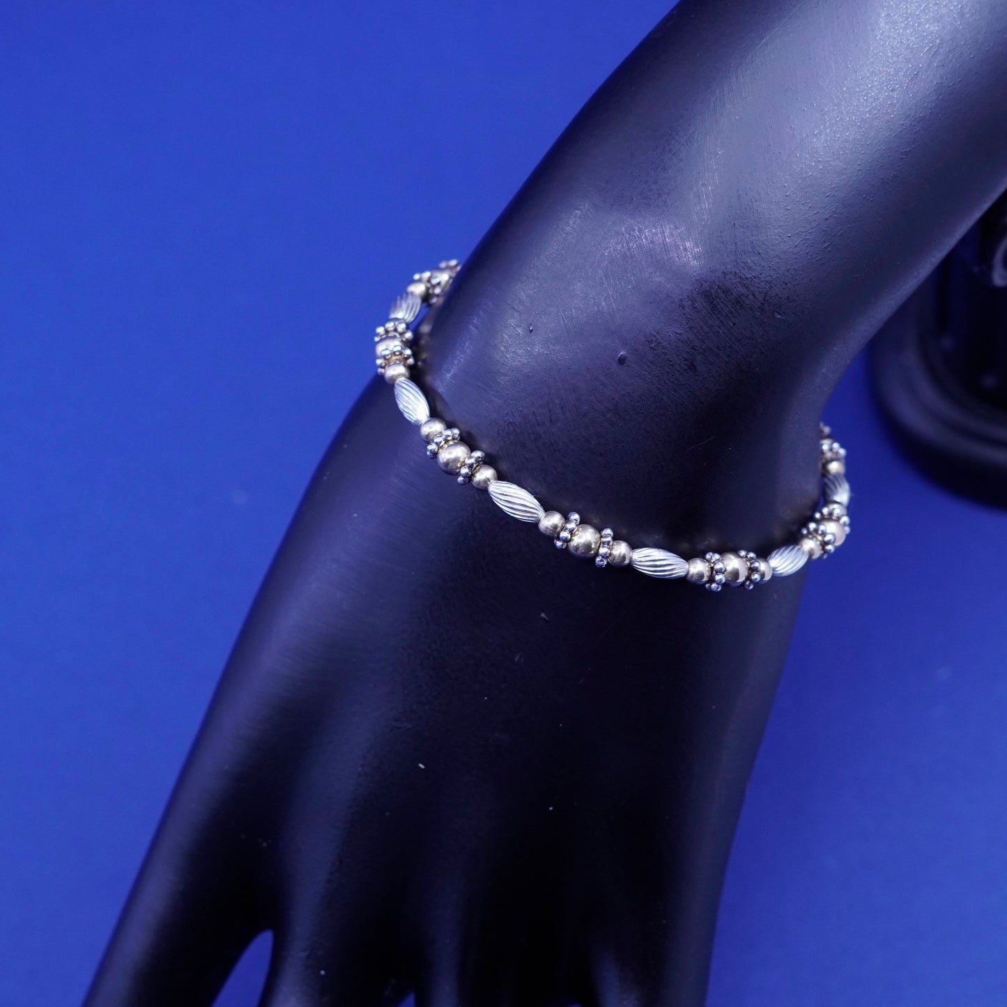 6”, vtg Sterling 925 silver bracelet, two tone chain w/ 14K gold beads bracelet