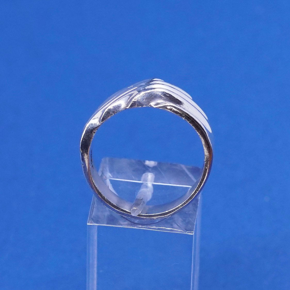 Size 9, vtg Sterling silver handmade ribbed ring, 925 statement ring w/ wave