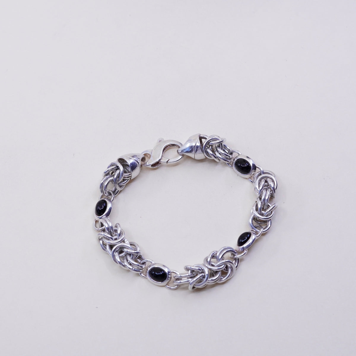 7”, Sterling silver handmade bracelet, 925 Byzantine, birdcage chain N obsidian