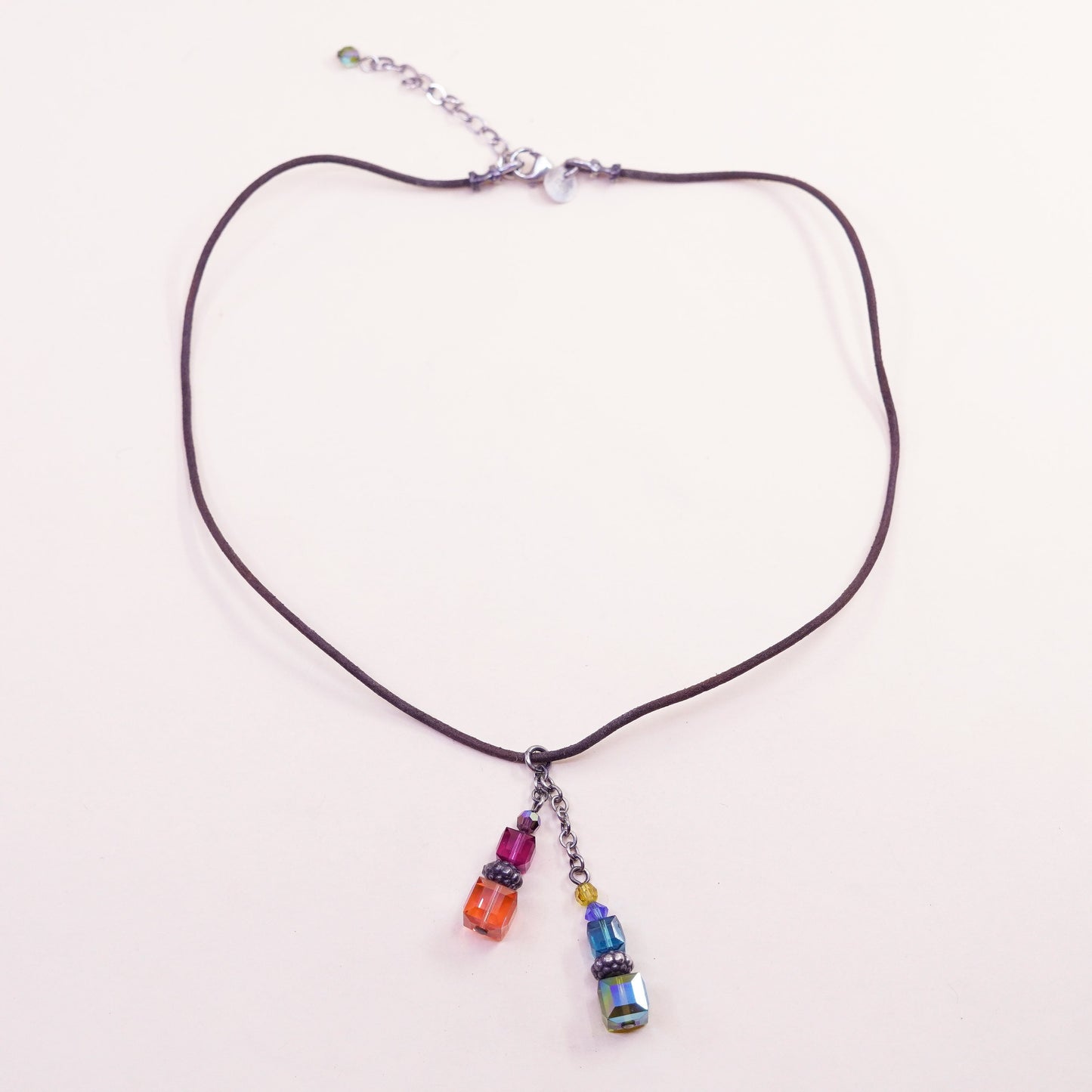 16+2”, Emily Ray brown leather necklace Sterling 925 silver crystal pendant