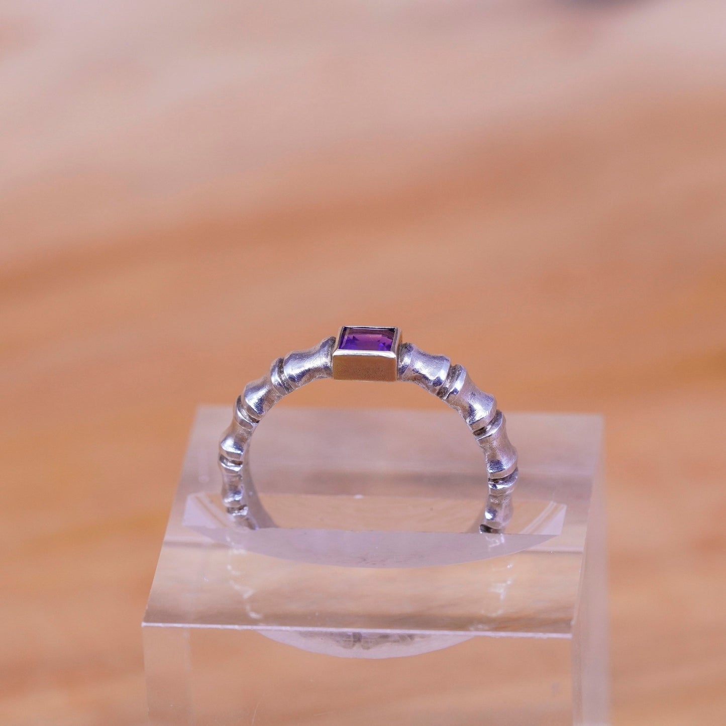 Size 7, AGAU 14K yellow gold Sterling silver ring, 925 bamboo band w/ amethyst