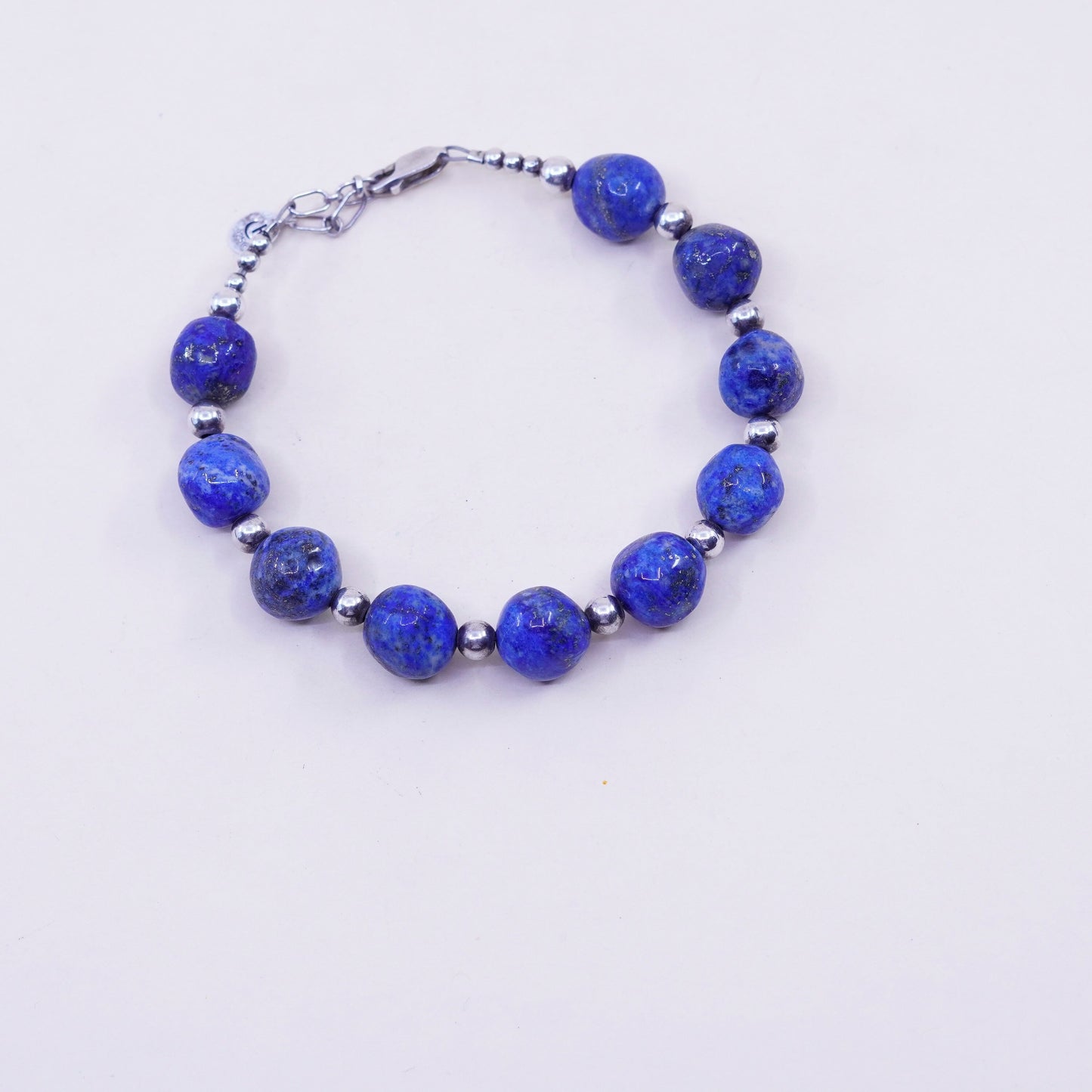 7.5+1”, Vintage Sterling 925 silver Handmade bracelet 10mm lapis lazuli beads