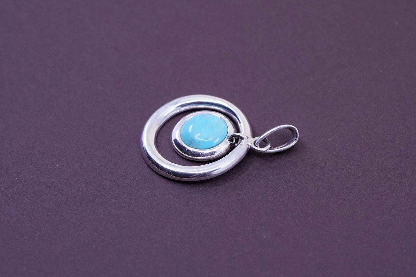Vintage Sterling 925 silver handmade circle pendant with round turquoise
