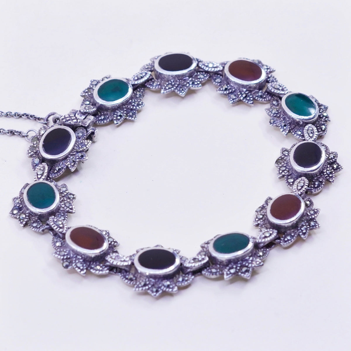 7.5”, Sterling 925 Silver Handmade Bracelet Marcasite carnelian emerald onyx