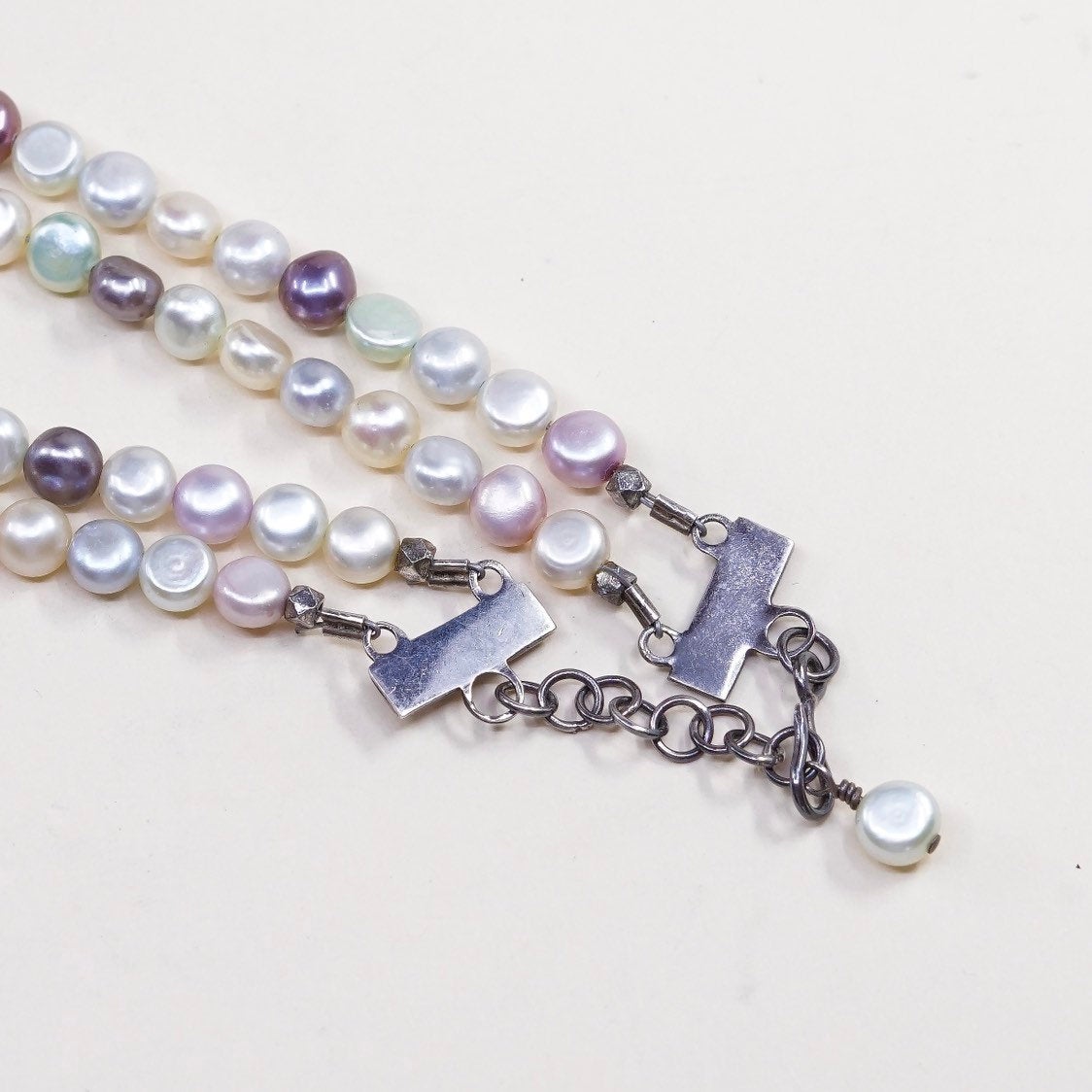 16”+1”, vtg Sterling 925 silver chain with pearl beads N nugget Larimar pendant