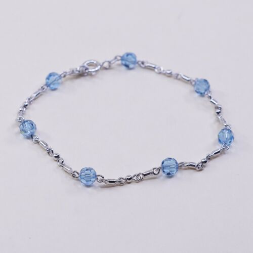 7” Vtg Sterling 925 Silver Handmade Bar Chain bracelet W/ Blue Crystal