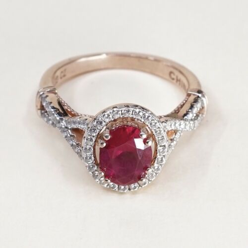 Sz 8.5, vermeil, gold over Sterling 925 Silver Ring W/ ruby, stamped 925 UD CZ