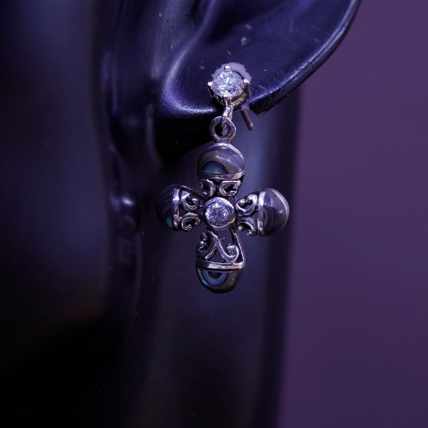 Vintage Sterling 925 silver handmade cross earrings with abalone and cz
