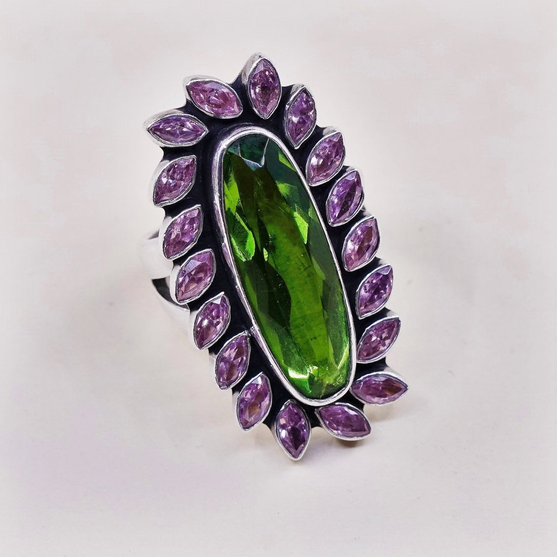 sz 6.25, sterling 925 silver handmade statement ring, peridot n pink crystal