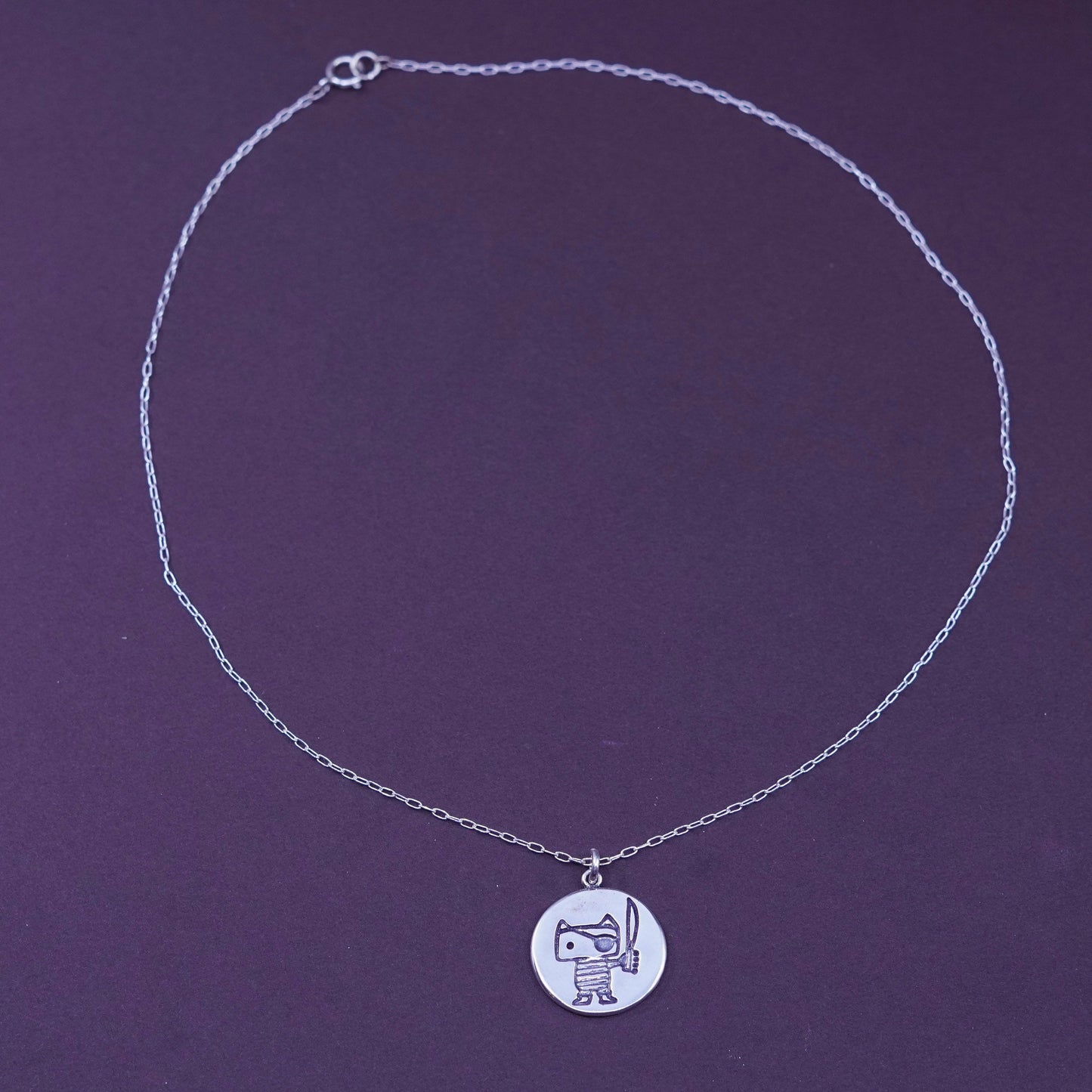 16”, Sterling silver necklace, 925 circle chain tag pendant pirate cat stars