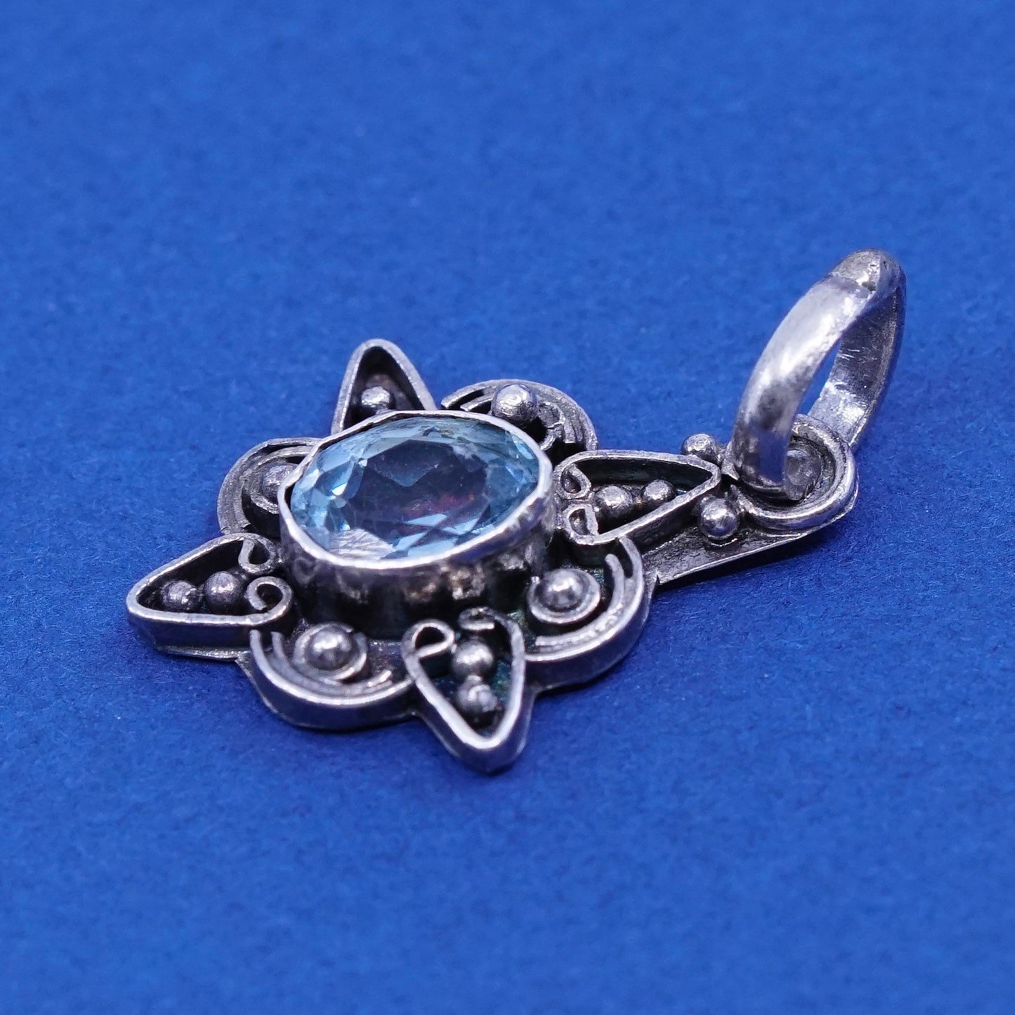 Vintage sterling 925 silver handmade pendant with blue topaz and beads