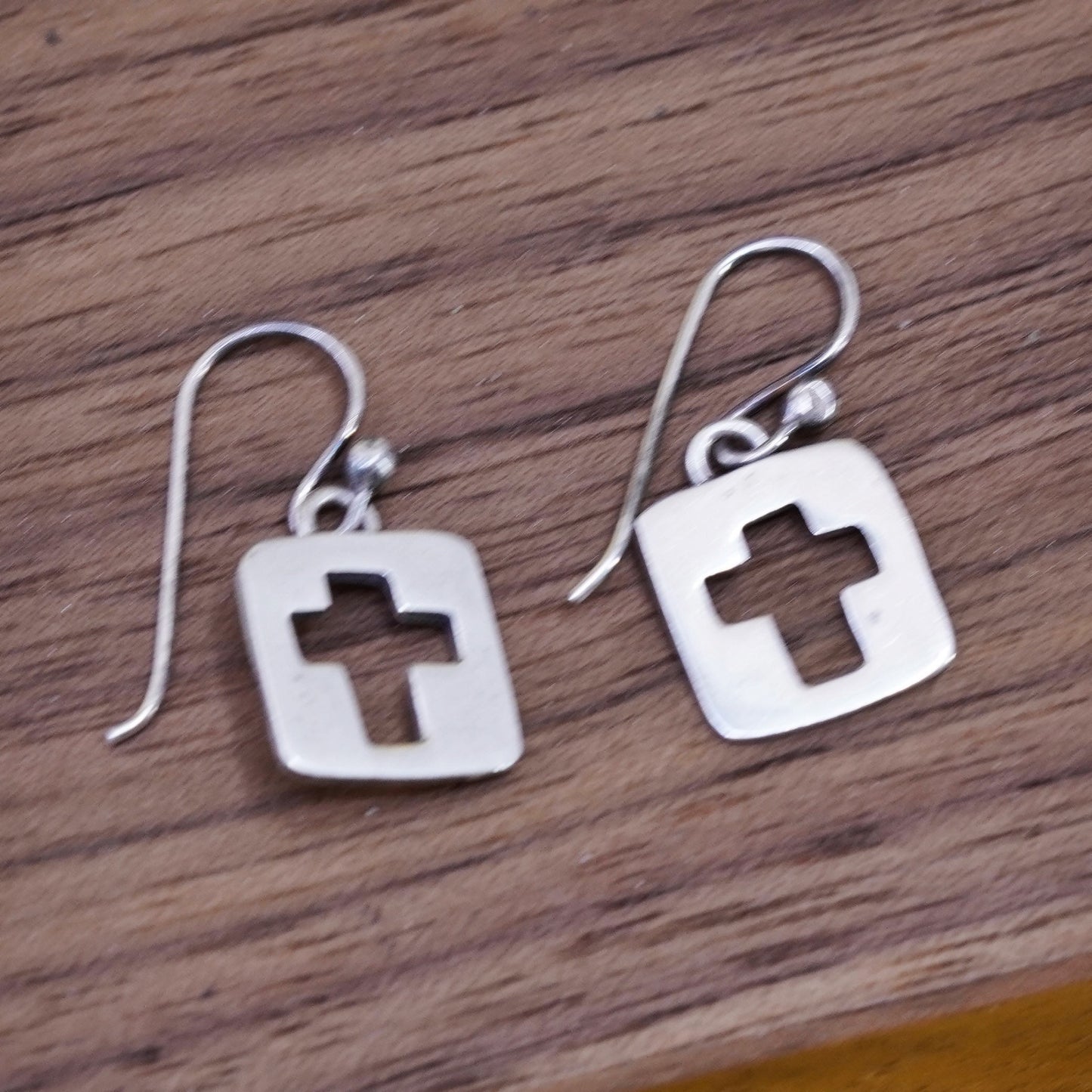 Vintage Sterling silver handmade earrings, 925 square dangle with cross cut out