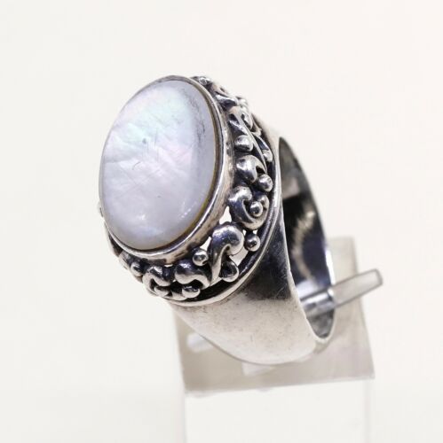 Sz 8, Vtg Southwestern Sterling Silver Handmade Ring, 925 Bali Band W/ White MOP