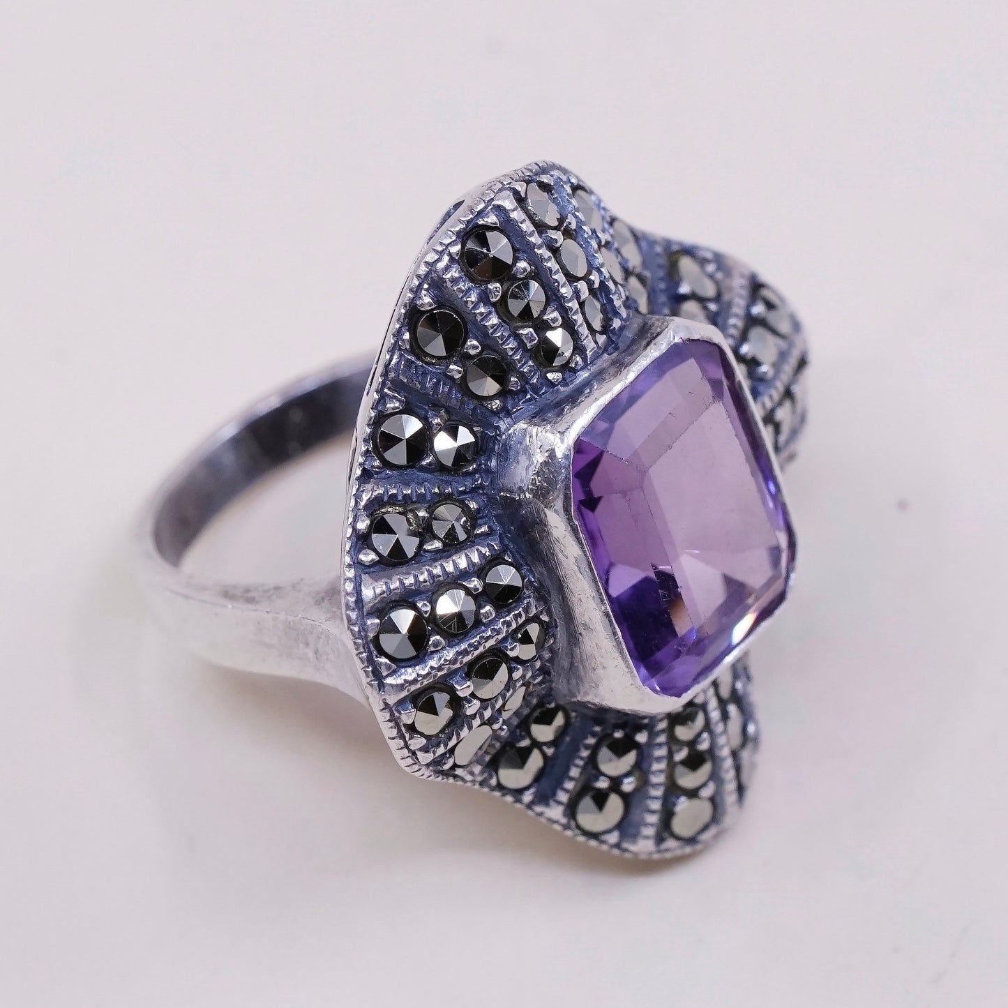 sz 6, VTG Judith Jack sterling 925 silver handmade ring w/ amethyst N marcasite