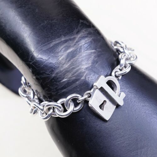 7.25” Vintage Sterling Silver Handmade Bracelet, 925 Silver chain w/ Lock charm