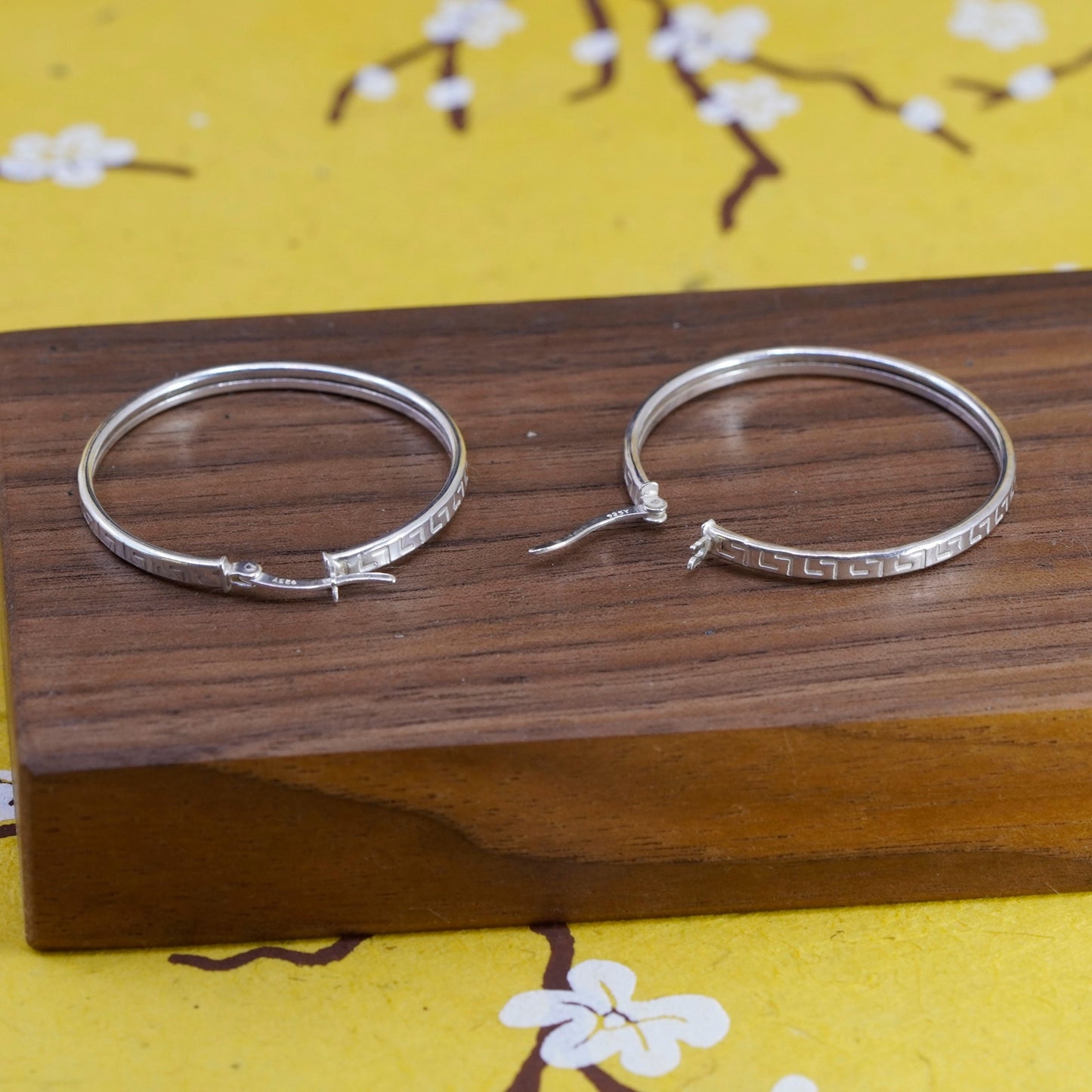1.5”, Sterling silver handmade hoop earrings, mexico 925 Greek key huggie