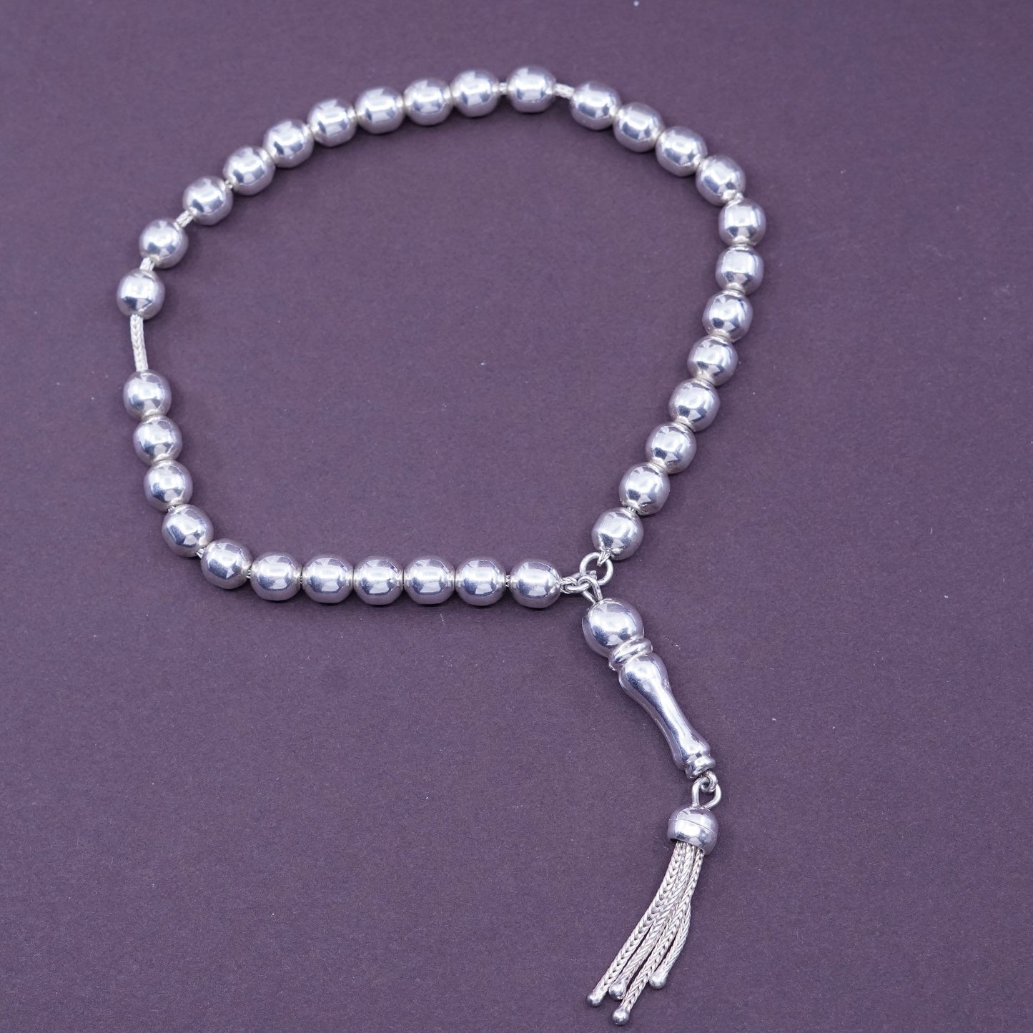 9”, 6mm, Sterling 925 silver handmade beads rosary prayer bracelet w/ fringe