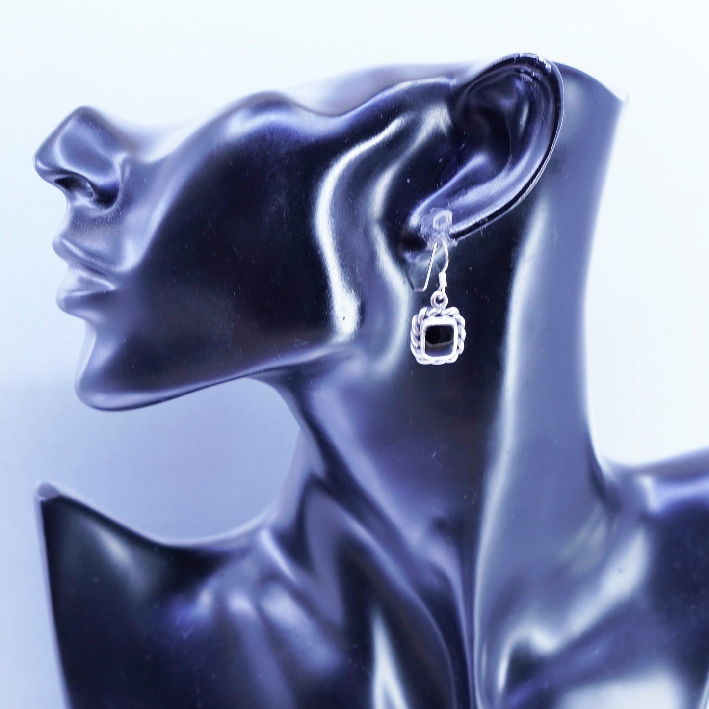 Vintage Sterling 925 silver handmade earrings with black onyx and cable around