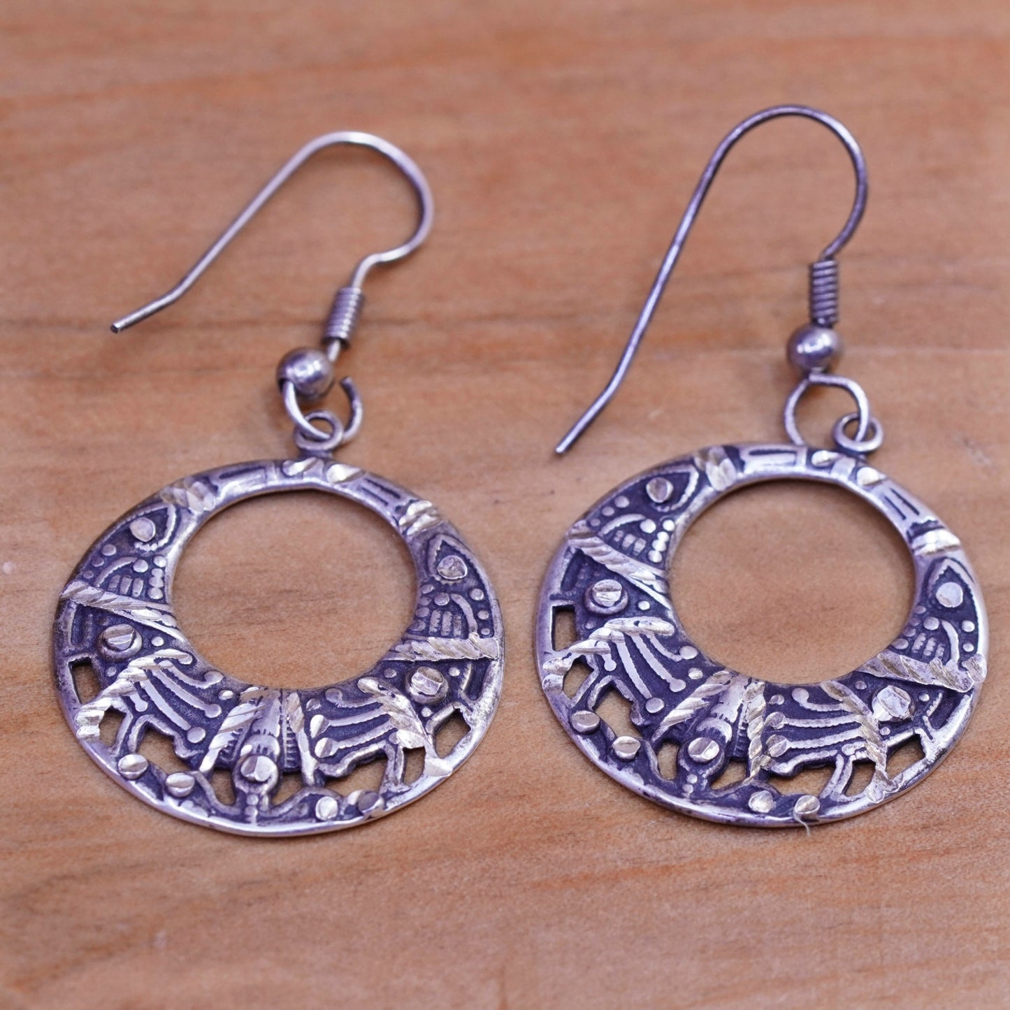 Vintage Sterling silver handmade earrings, 925 textured circles dangle