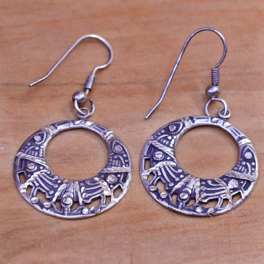 Vintage Sterling silver handmade earrings, 925 textured circles dangle