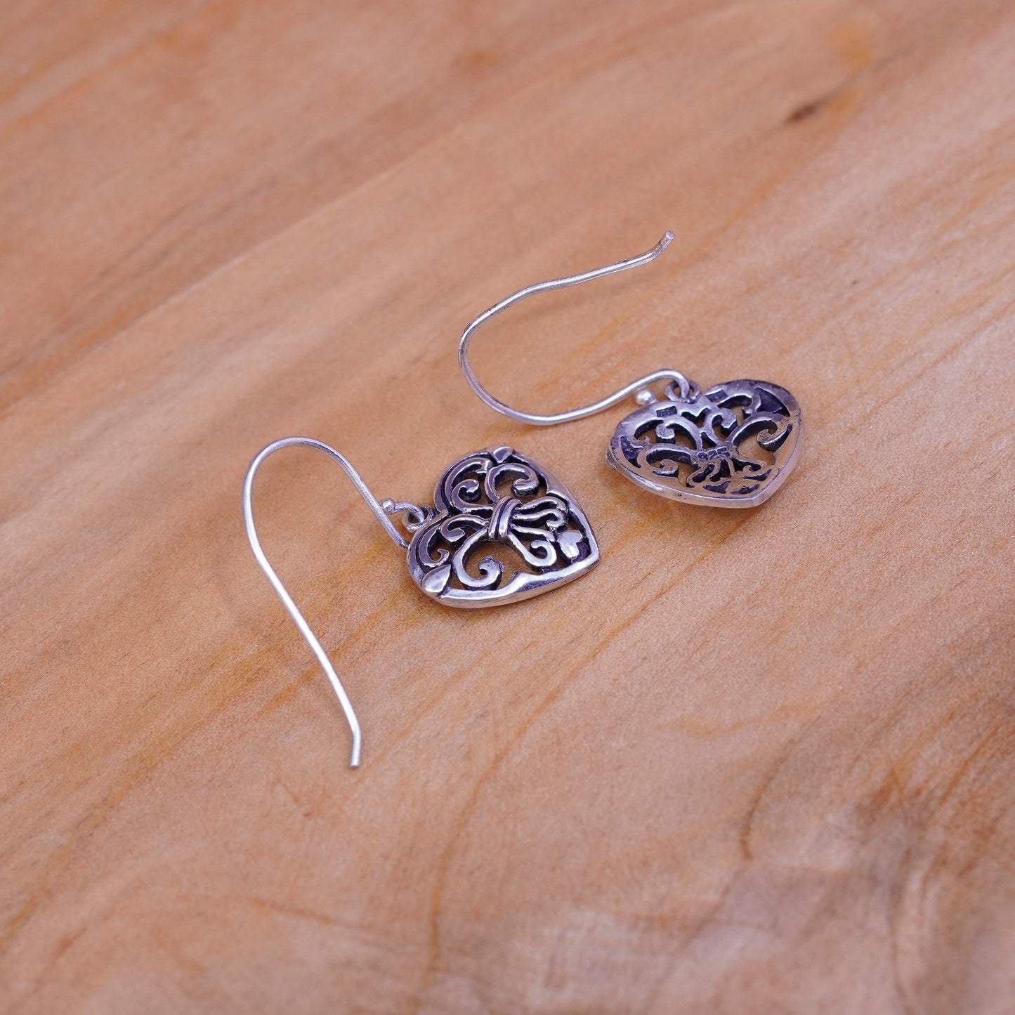 Vintage Sterling silver handmade earrings, 925 filigree heart drops