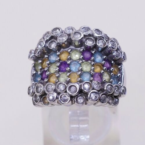 Sz 7.25, Vtg Sterling 925 silver Statement ring W/ Colorful Cluster Quartz