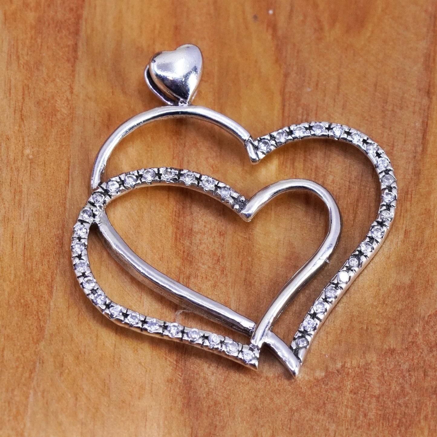 Vintage sterling silver pendant, 925 double heart with genuine diamond around