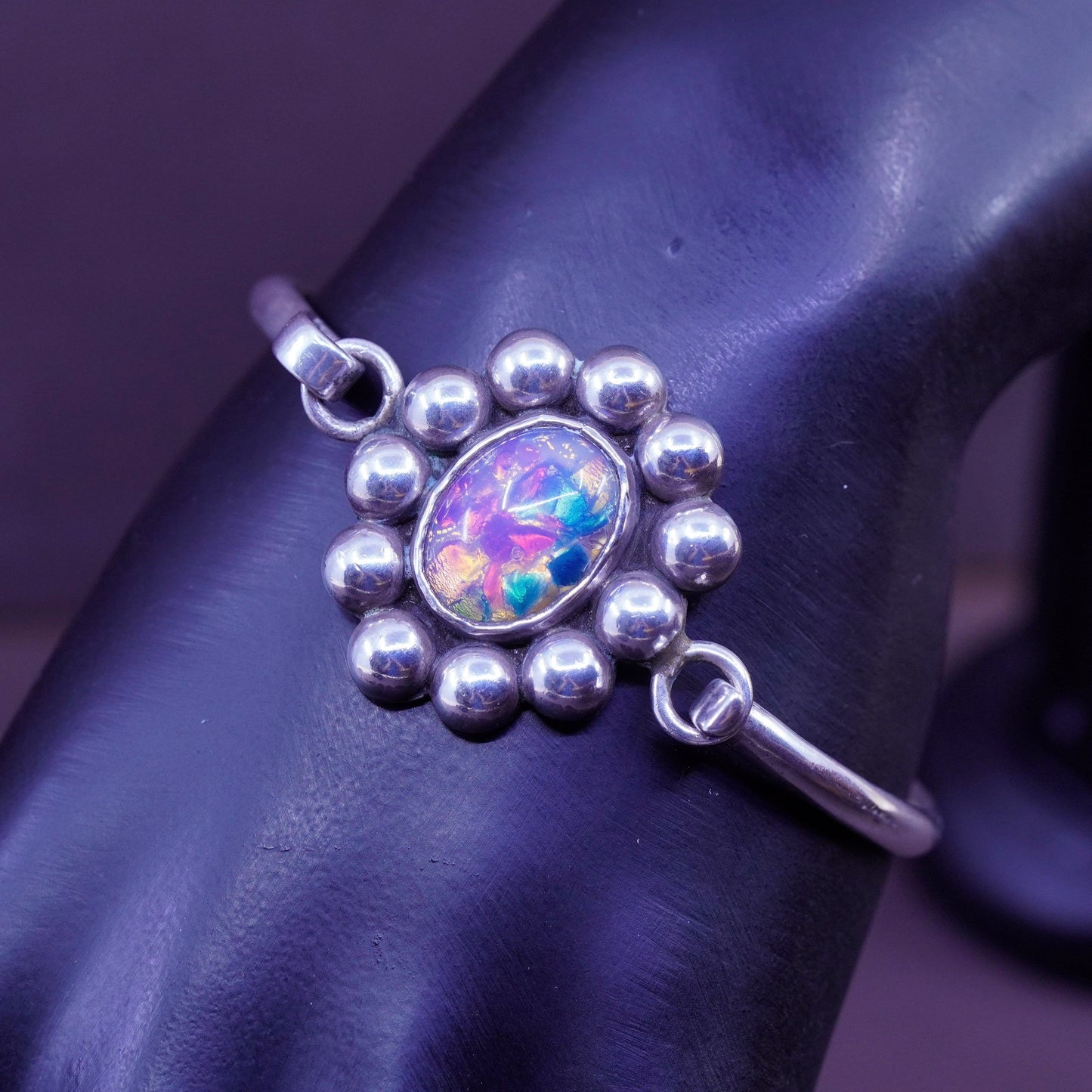 6.75”, Sterling silver bracelet, Mexico 925 hinged bangle dragon breath glass