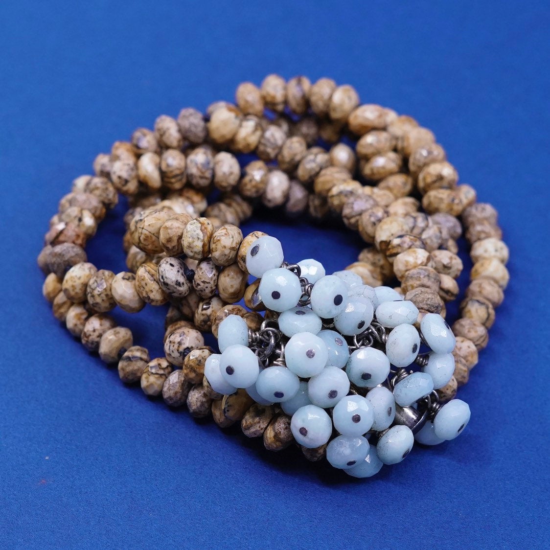 5", 1960s Sterling silver handmade bracelet, 925 w/ jasper beads N cluster jade