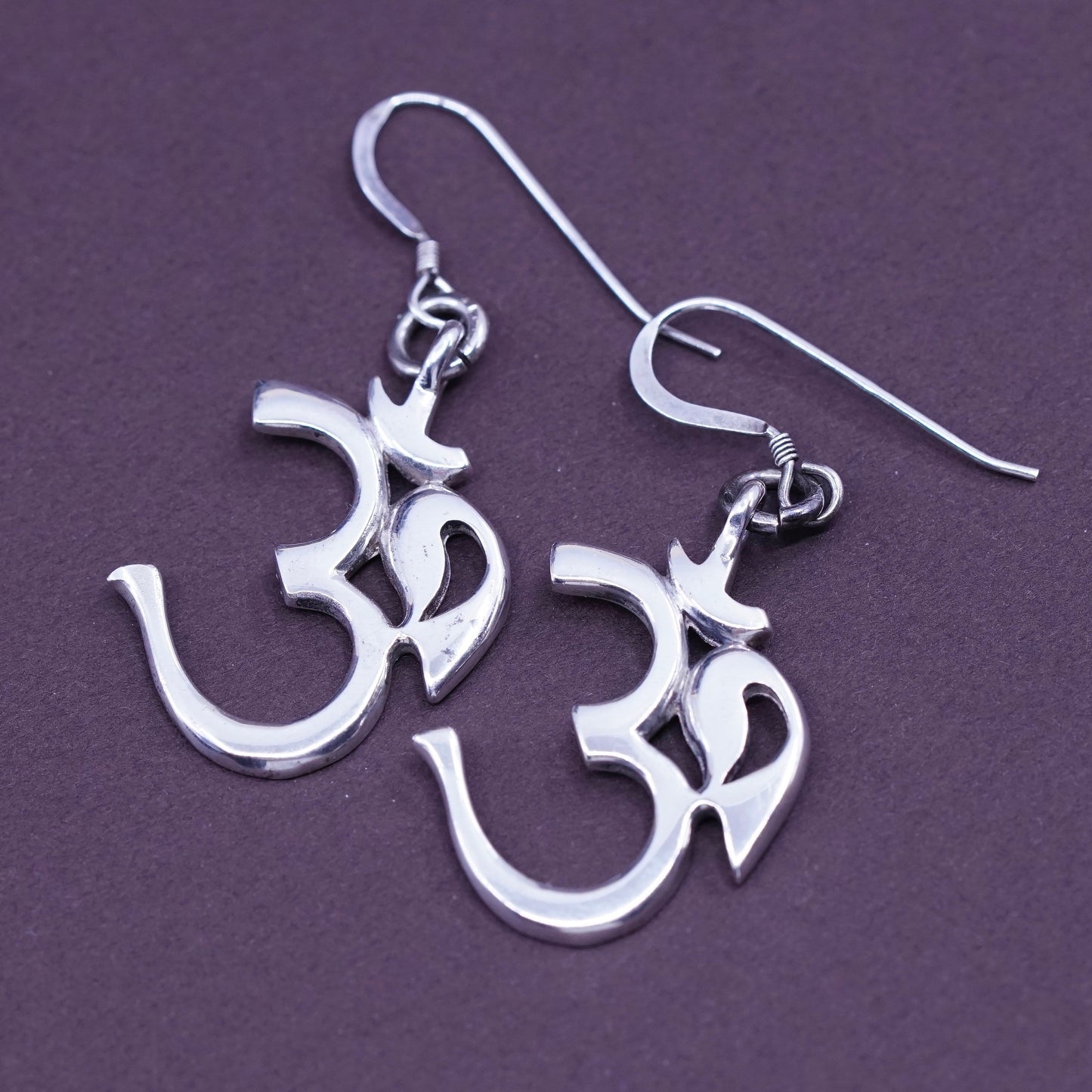 Vintage Om Aum Sterling silver handmade earrings, 925 Hammered 30 dangles