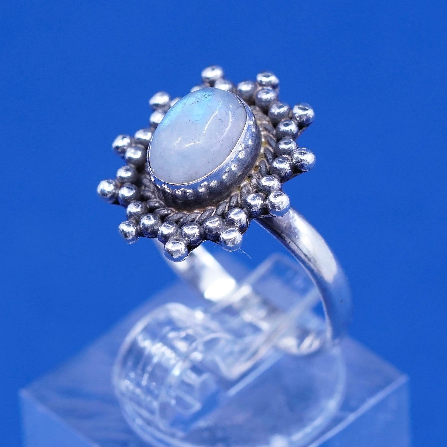 Size 6, vintage DIXI Sterling 925 silver handmade ring with moonstone and beads