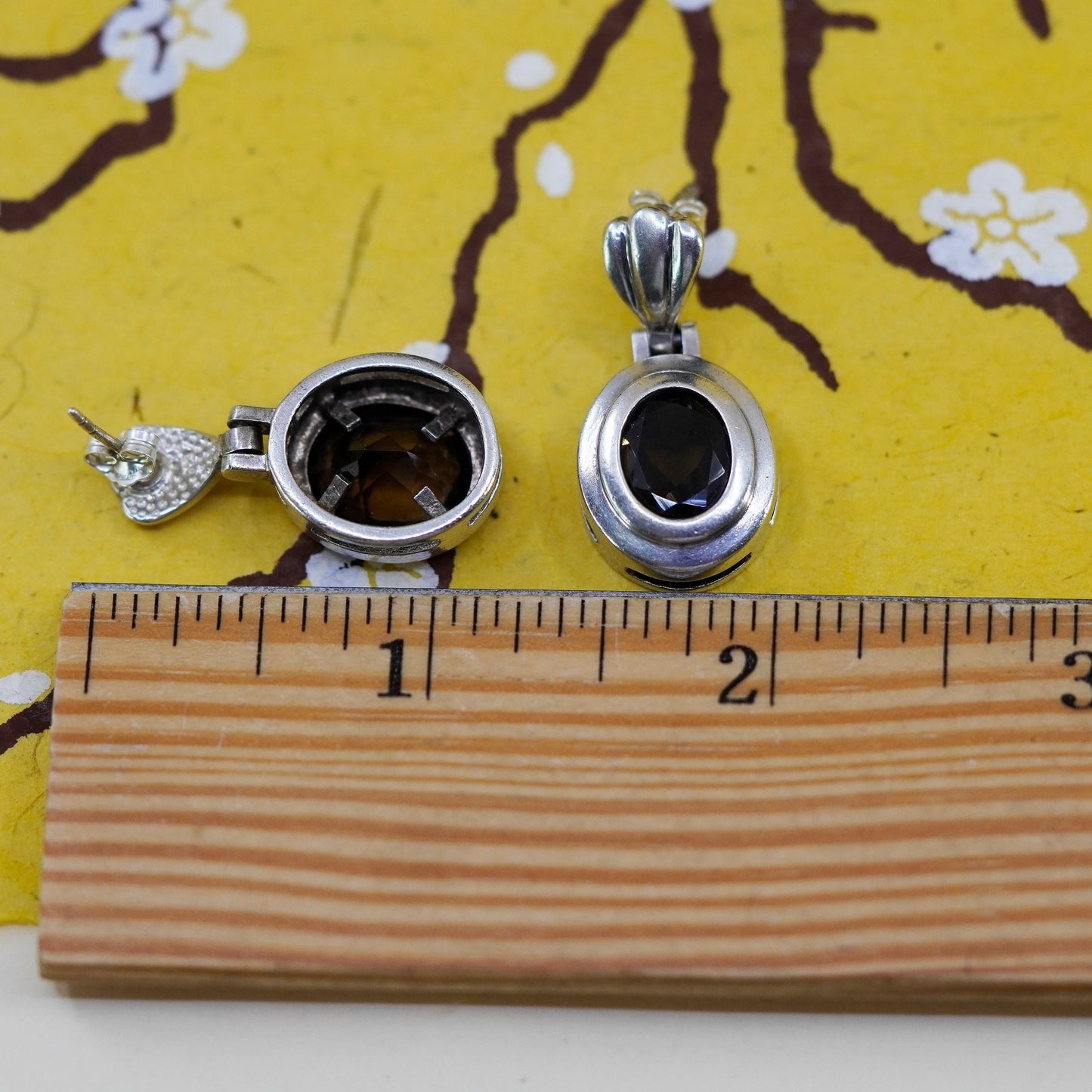 Vintage Sterling 925 silver handmade earrings with oval smoky topaz, dangle