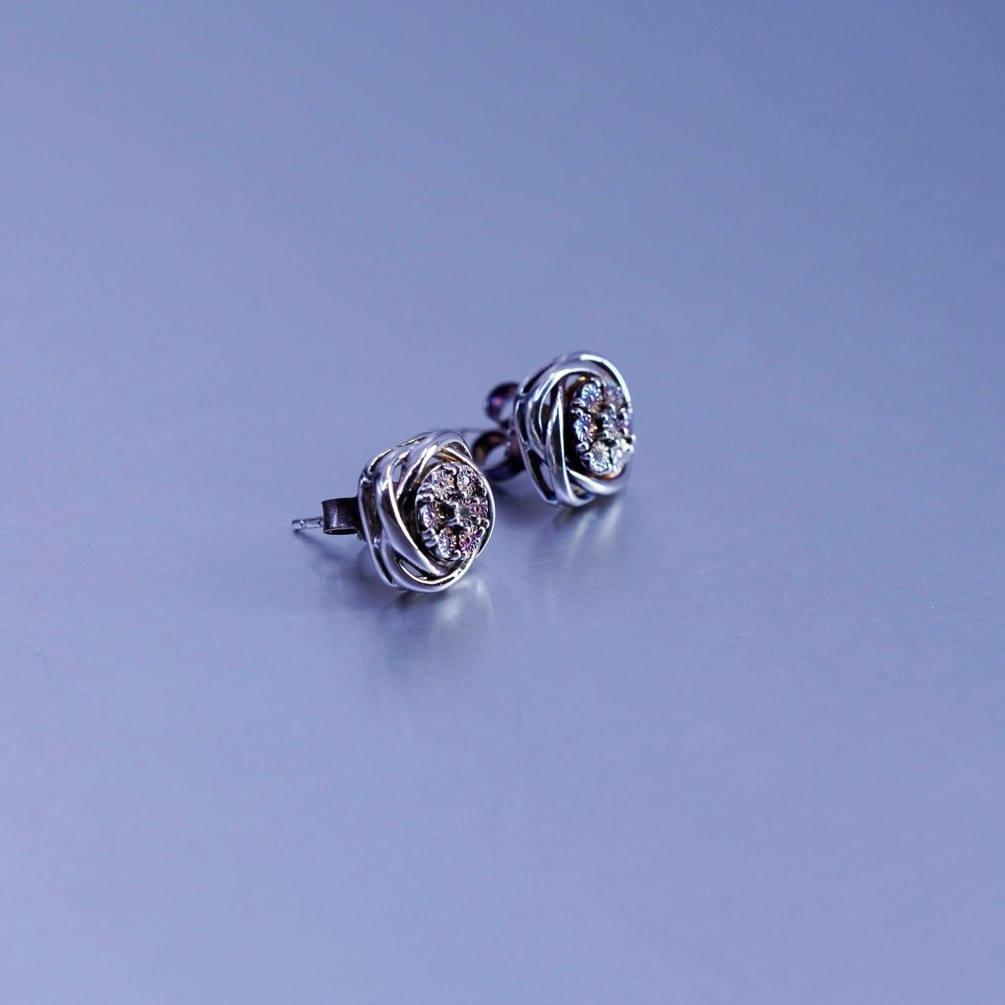 Vintage Sterling 925 silver earrings, entwined studs with diamond inlay