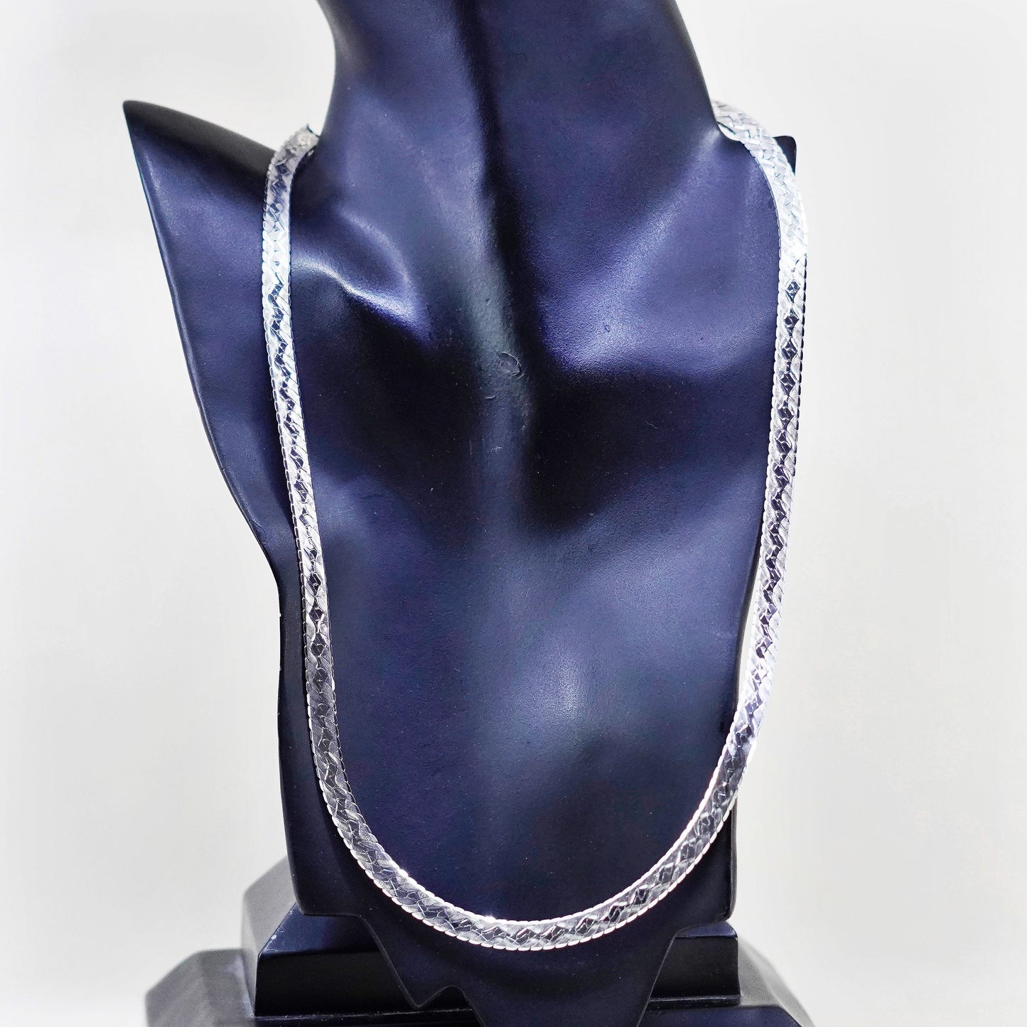 24” 7mm, Vintage Italy sterling silver necklace, textured 925 herringbone chain